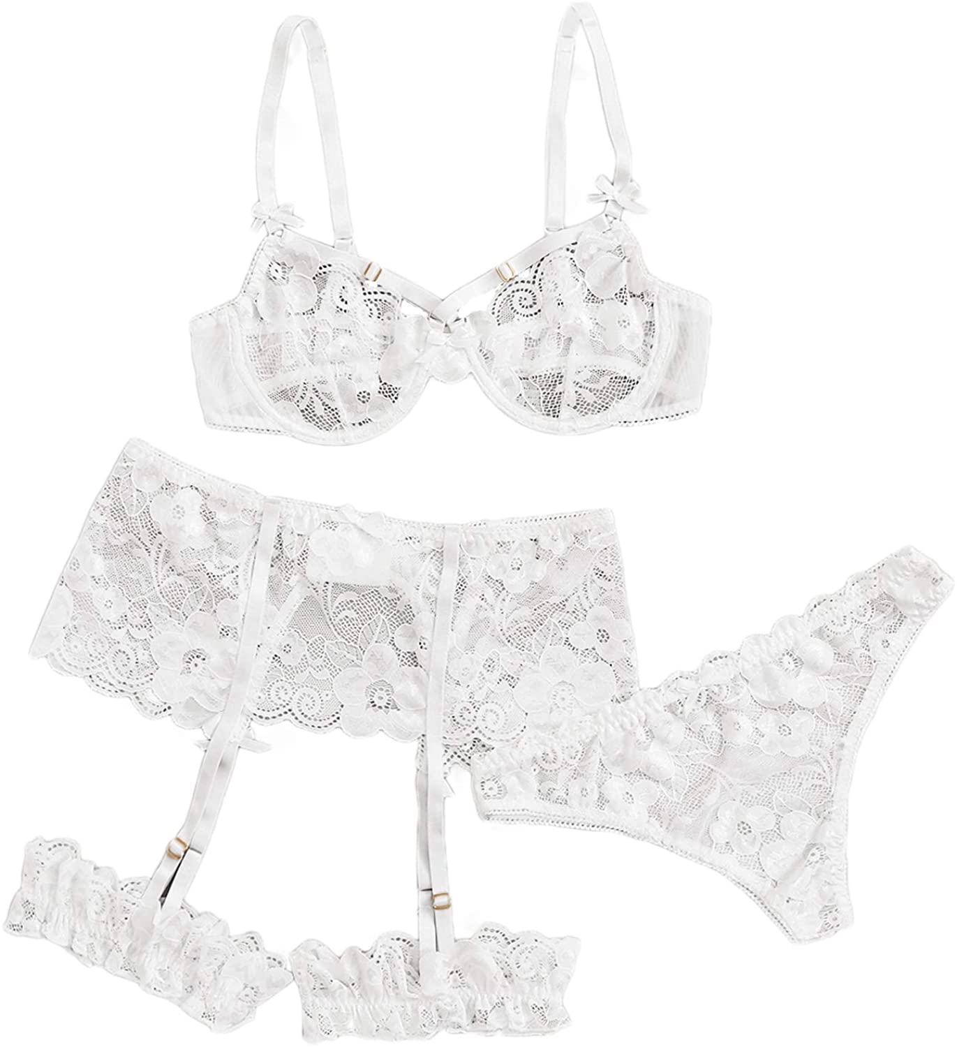 Price:$9.99 Women's Lace Floral Garter Lingerie Set Bra and Panty Garter Belt 3 Piece: Clothing, Shoes & Jewelry