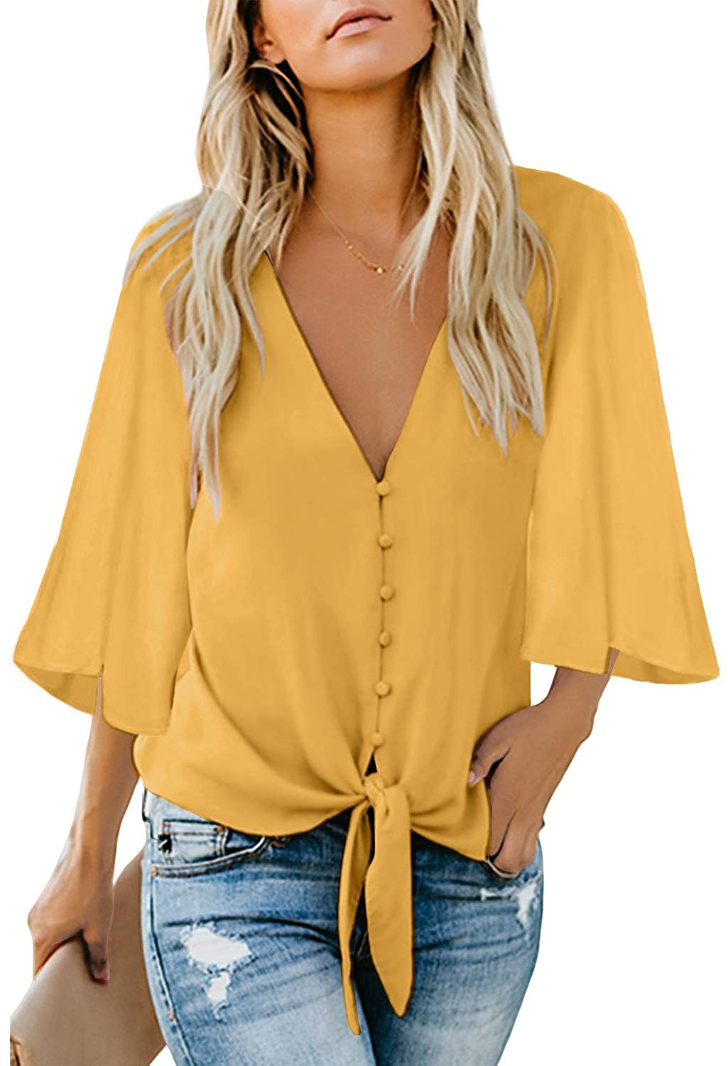 Price:$12.99 Women's Casual V Neck Tops 3/4 Sleeve Tie Knot Blouses Solid Button Down Shirts at Amazon Women’s Clothing store