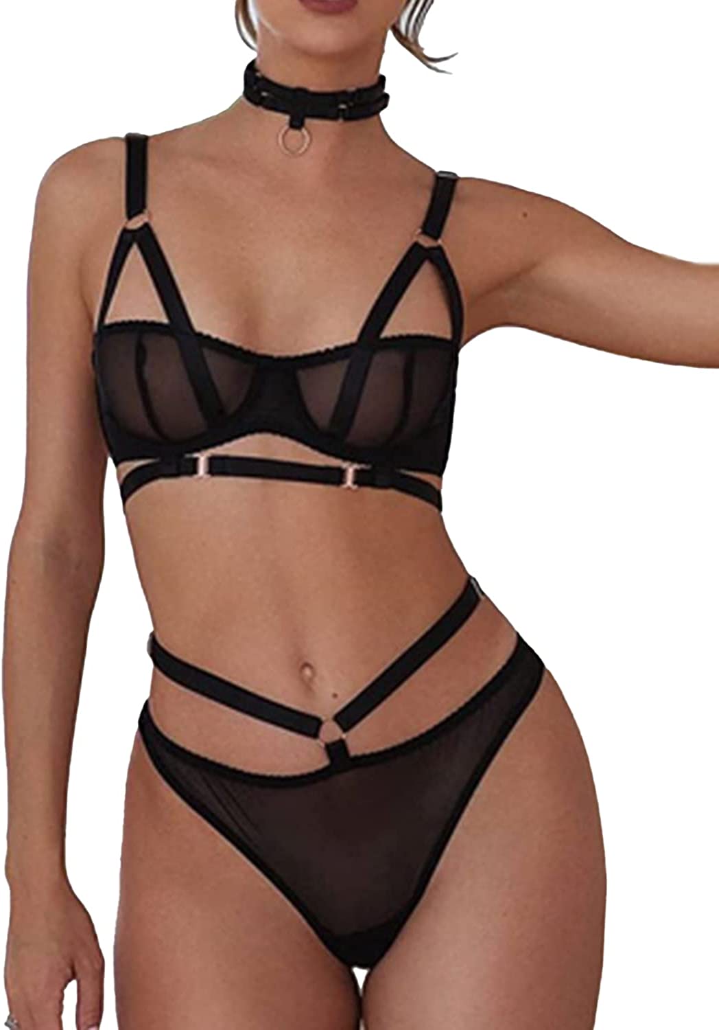 Price:$18.99 Exotic Strappy Lingerie Sets Mesh High Waisted Bra and Panty Set Sexy Naughty Lingerie: Clothing, Shoes & Jewelry