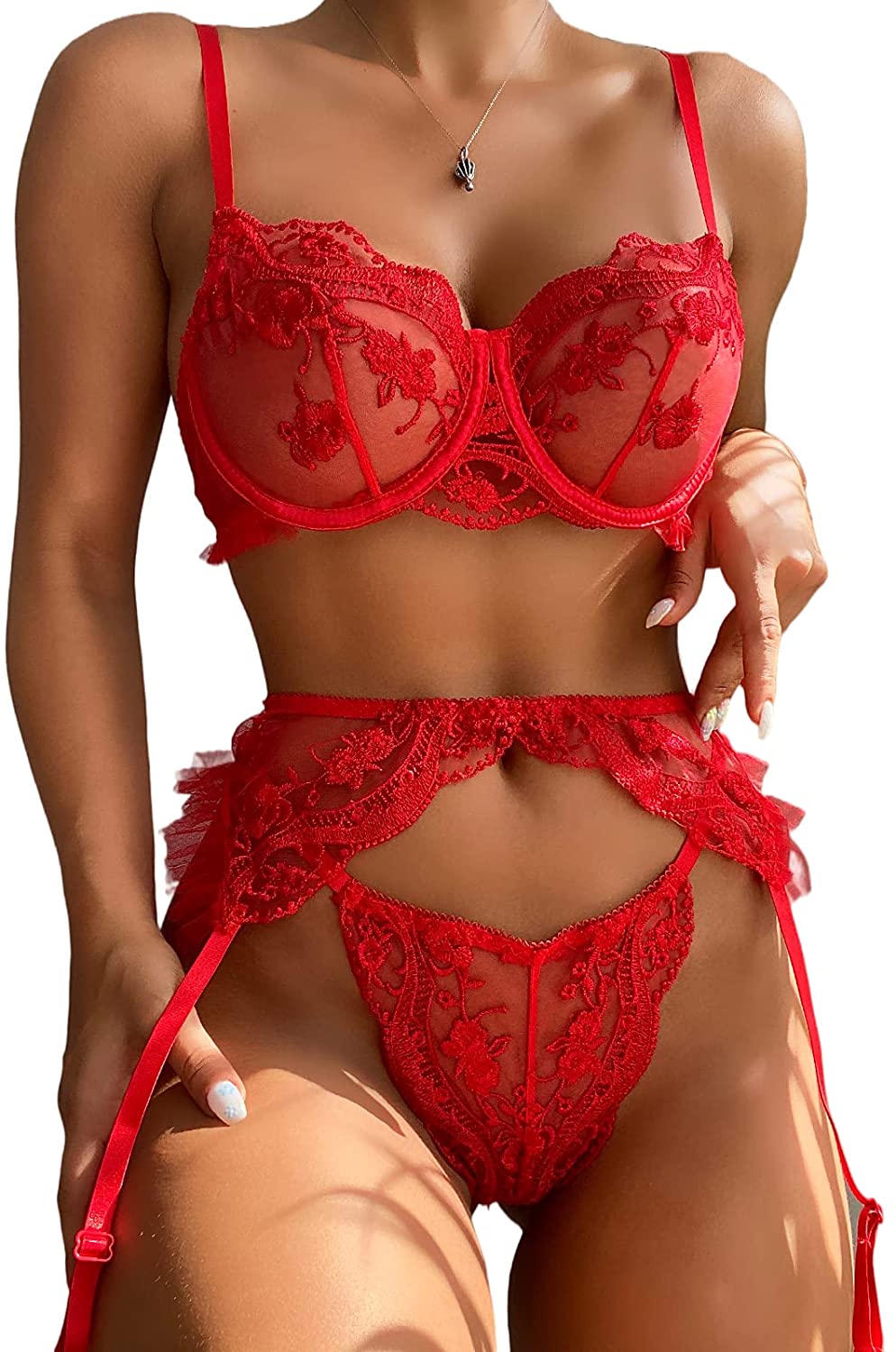 Price:$21.99 GEE Women Lingerie Set with Garter Belts Lace Bra and Panty Sets Embroidered Babydoll Strappy 3 Piece Bodysuit : Clothing, Shoes & Jewelry