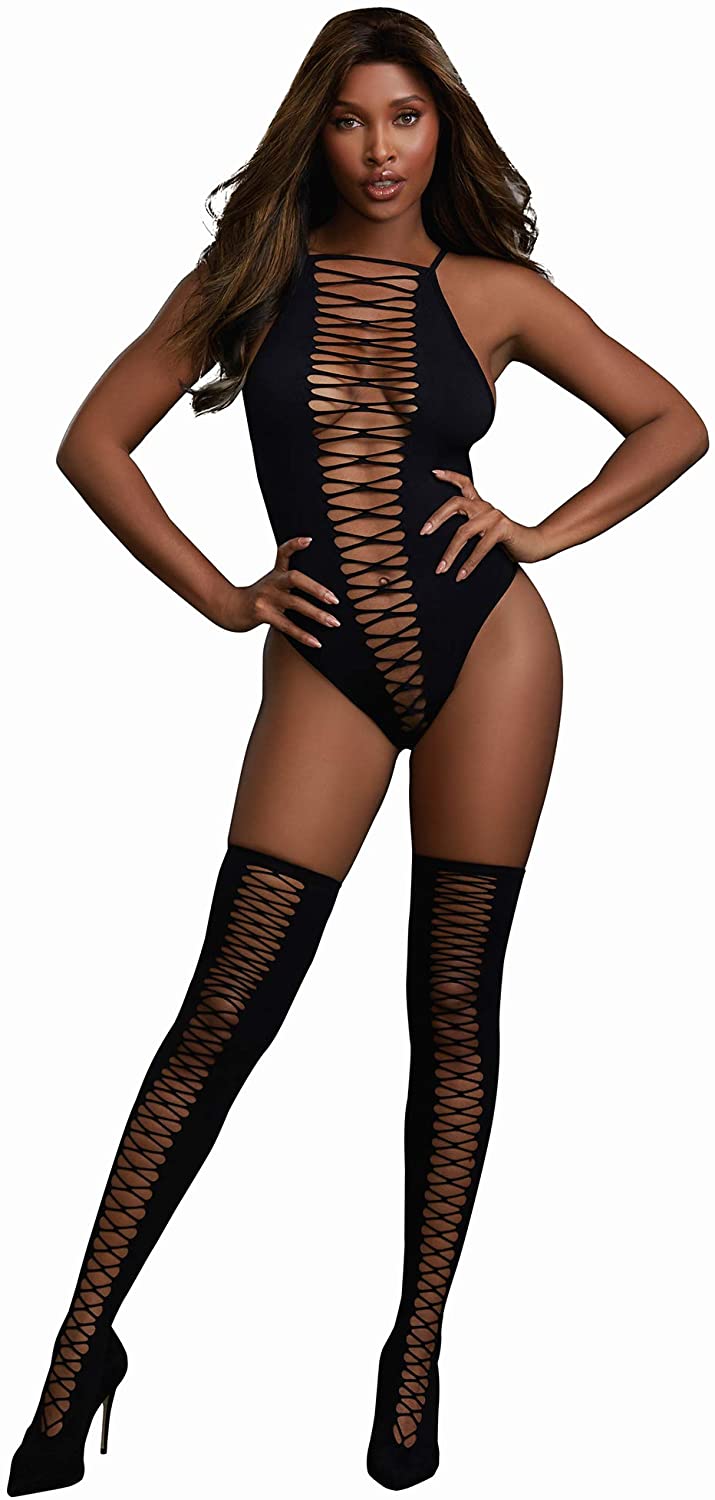 Price:$23.00 Women's Opaque Seamless Criss-Cross Teddy and Matching Stockings Set, Black, One Size: Clothing, Shoes & Jewelry