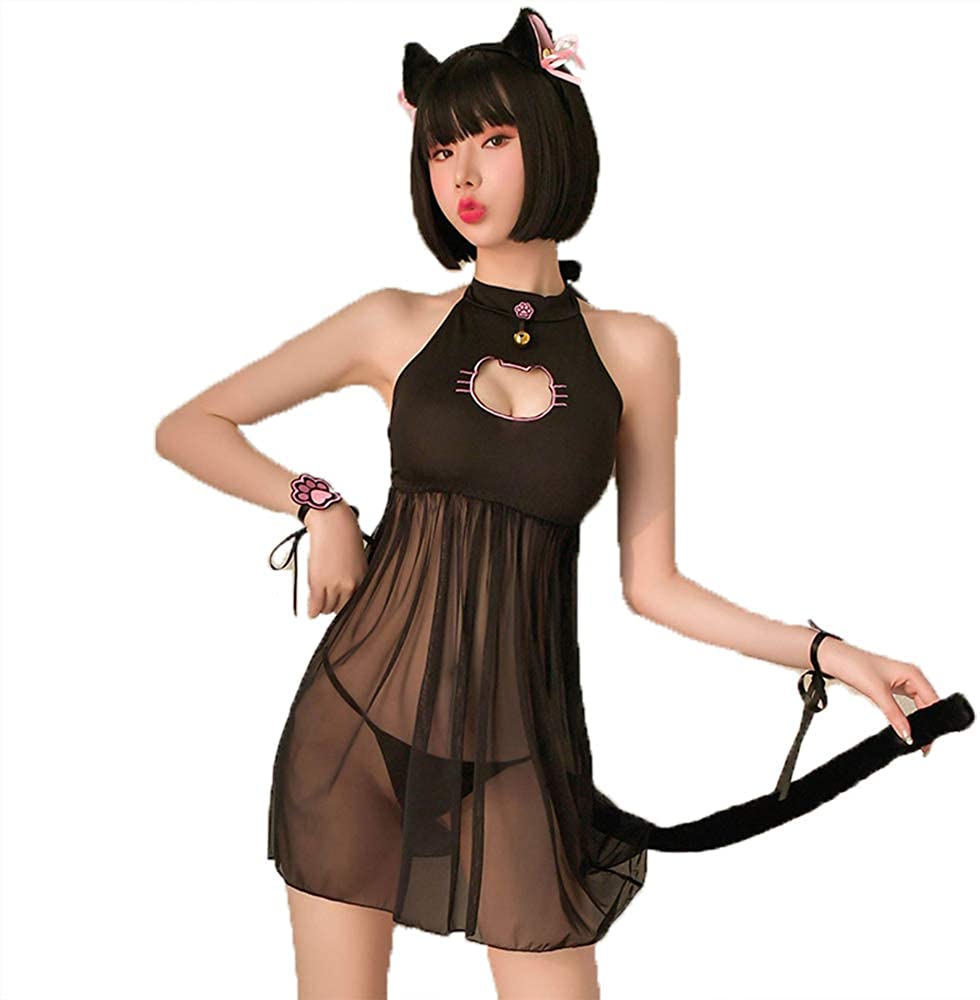 Price:$18.99 Cat Cosplay Lingerie Dress Halloween Kawaii Anime Kitten Keyhole Costume Cute Maid Outfit Japanese Lolita Underwear (Black): Clothing, Shoes & Jewelry