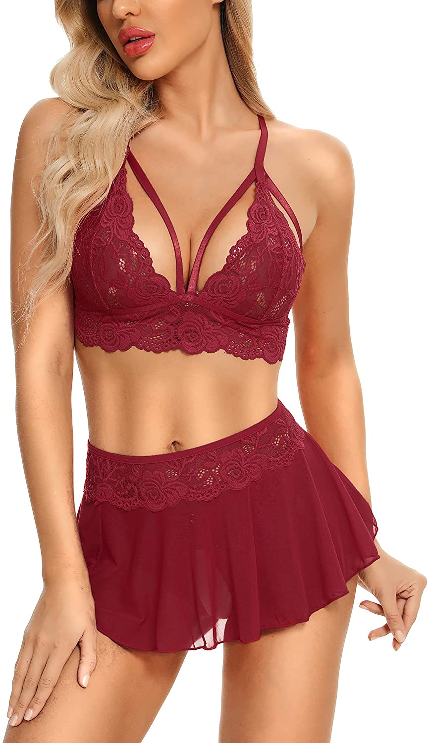 Price:$2.99 Sexy Lingerie Sets for Women Naughty 3 Piece Lace Bralette, Mini Skirt with G-String Teddy Lingerie Babydoll Set at Amazon Women’s Clothing store