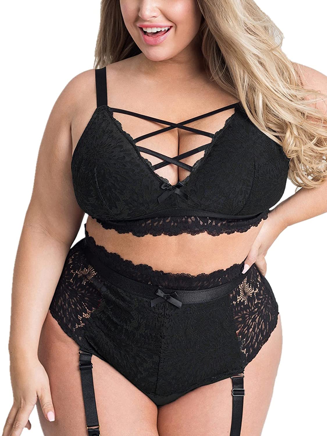 Price:$17.88 Size Lingerie Set for Women Sexy Mesh Black Lace Bra High Waist Suspender 2 Pieces Underwear: Clothing, Shoes & Jewelry
