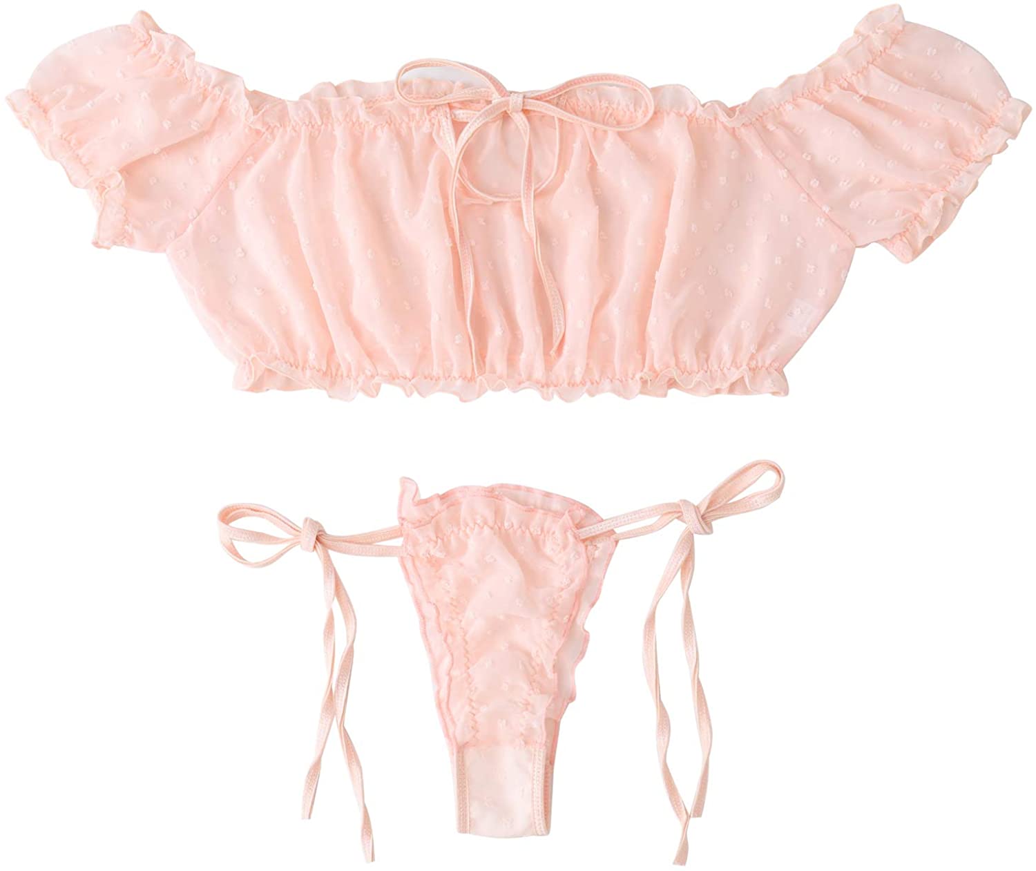 Price:$7.71 Lingerie for Women Tie Ruffle Trim Babydoll Mesh Lingerie Set Sexy Bra and Panty (Pink, XL): Clothing, Shoes & Jewelry