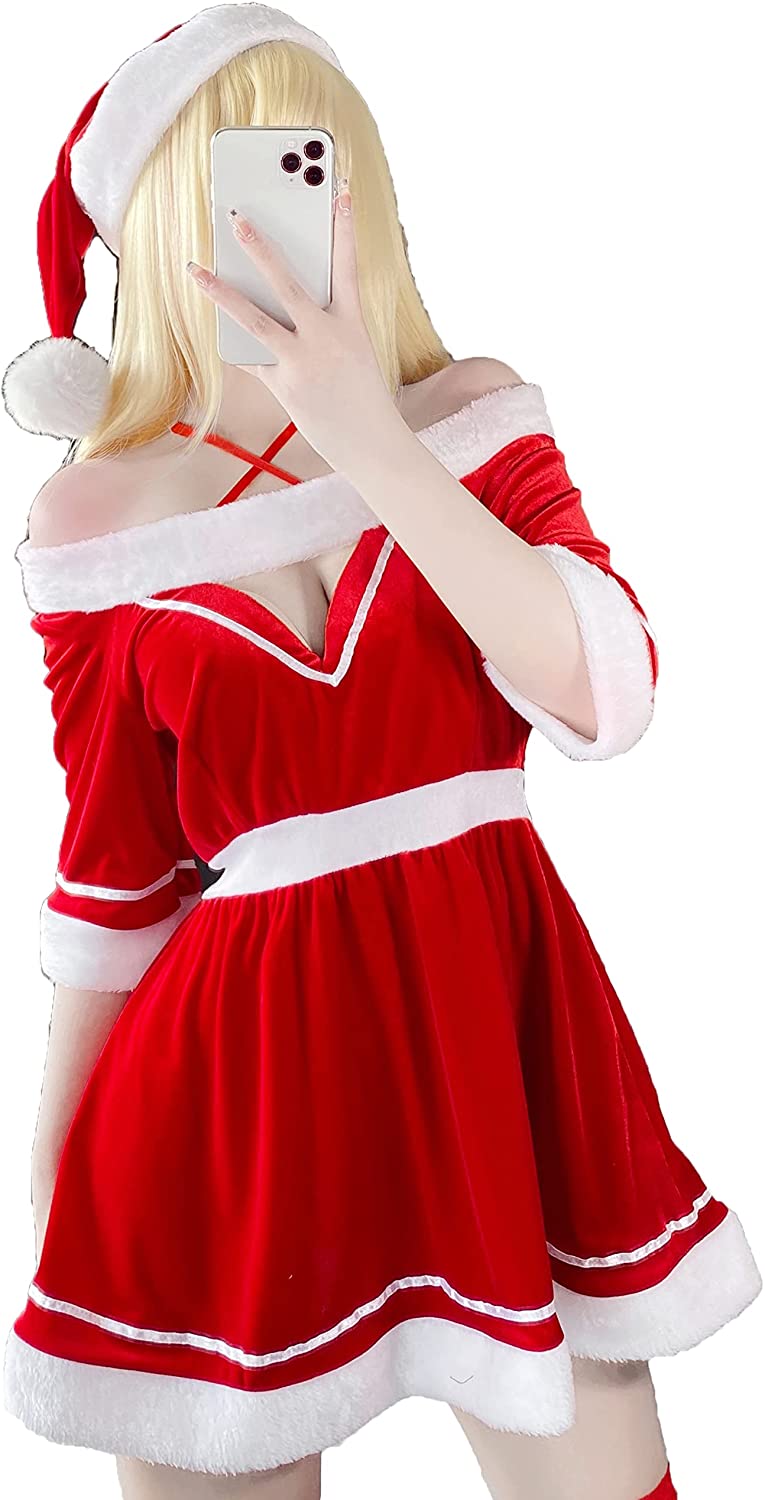 Price:$27.99 Christmas Dress Naughty Santa Costume Mrs. Claus Cosplay Outfit Kawaii Mini Babydoll Off Shoulder V Neck Nightgown : Clothing, Shoes & Jewelry