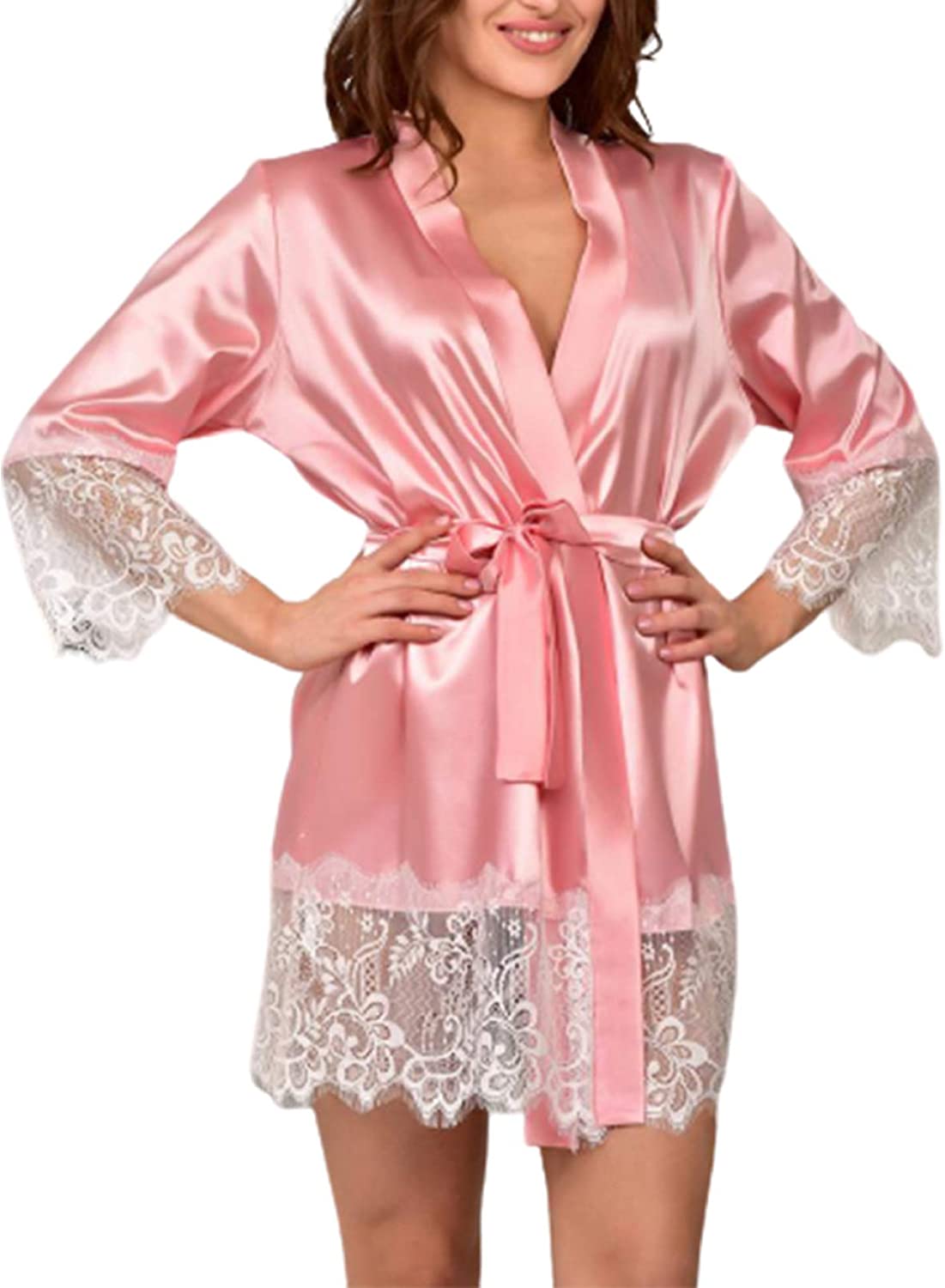 Price:$29.99 Women Wrap V Neck Satin Robes Self Tie Ruffle Hem Silk Bathrobe Kimono Nightgowns at Amazon Women’s Clothing store