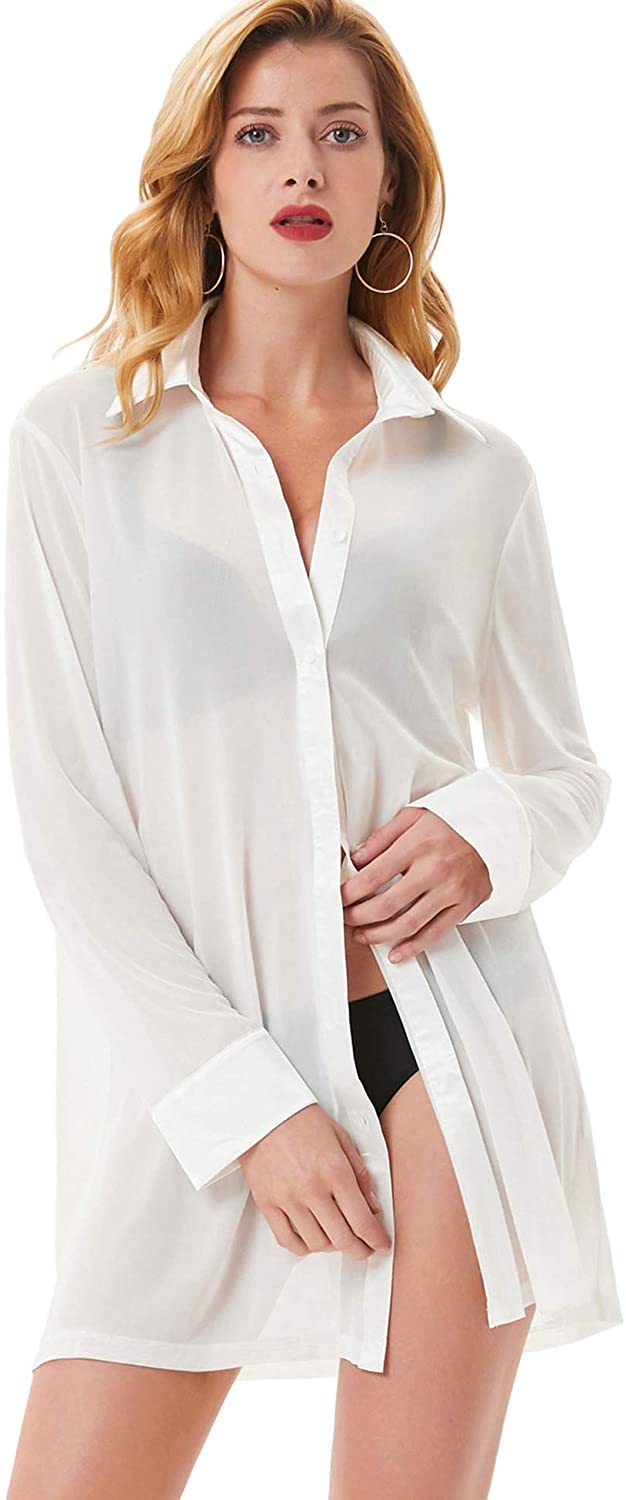 Price:$15.99 Kasin Women’s Sexy Sleep Shirts Mesh Long Sleeve Swimwear Cover Up Sheer Blouse Lingerie S-XXL at Amazon Women’s Clothing store