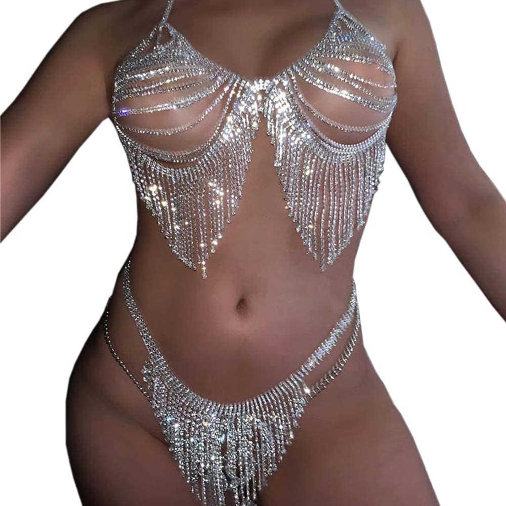 Price:$39.99 Sexy Rhinestone Tassel Bra Panties Sets Statement Crystal Bikini Underwear Thong Body Chain Jewelry Top Bra Brief Sequin Crop Top for Nightclub Party (Silver) : Clothing, Shoes & Jewelry