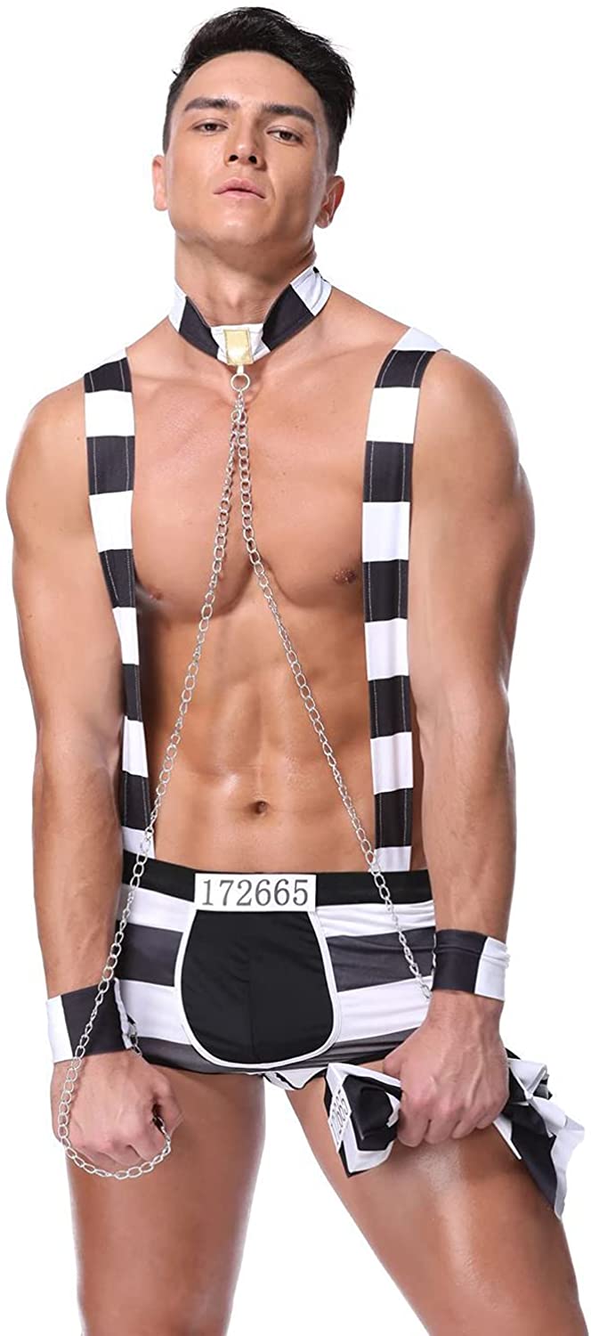 Price:$30.99 Mens Sexy Lingerie Set Role Play Prison-Inmates Uniform Night Club Costume Outfit One Size Black White: Clothing, Shoes & Jewelry
