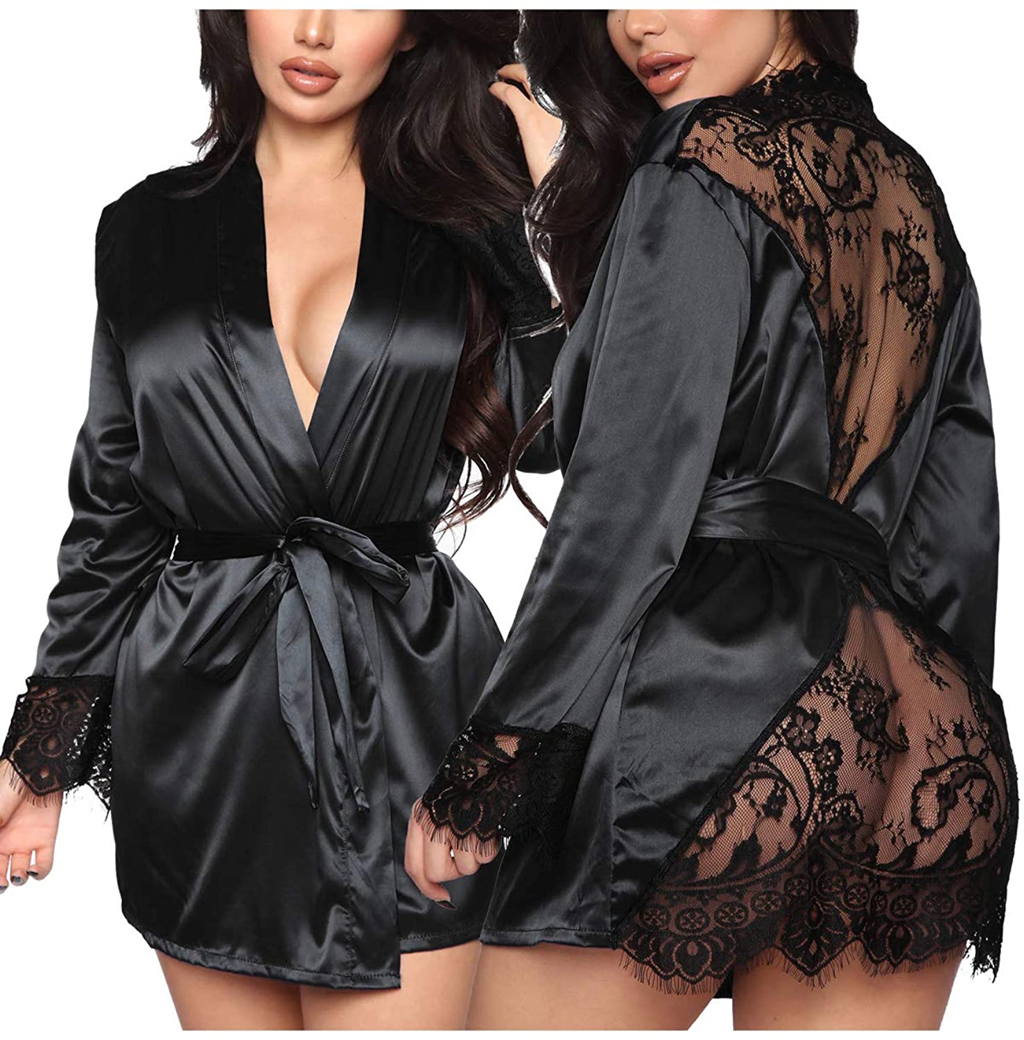 Price:$26.99 Sexy Lace-Trim Robe Long Sleeve Satin Kimono Sleepwear Bridesmaid Wedding Party Nightwear : Clothing, Shoes & Jewelry