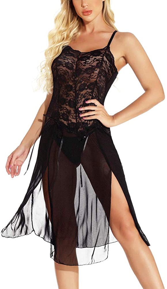 Price:$8.99 Women's Lingerie Lace Babydoll Plus Size Sleepwear Nightwear Front Slit Mesh Chemise Negligee at Amazon Women’s Clothing store