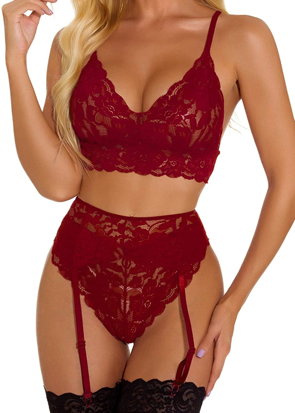 Price:$15.99 Sexy Lingerie for Women,High Waisted Lace Bra and Panty Sets,3 Piece Lingerie Set with Garter Belt Valentine: Clothing, Shoes & Jewelry