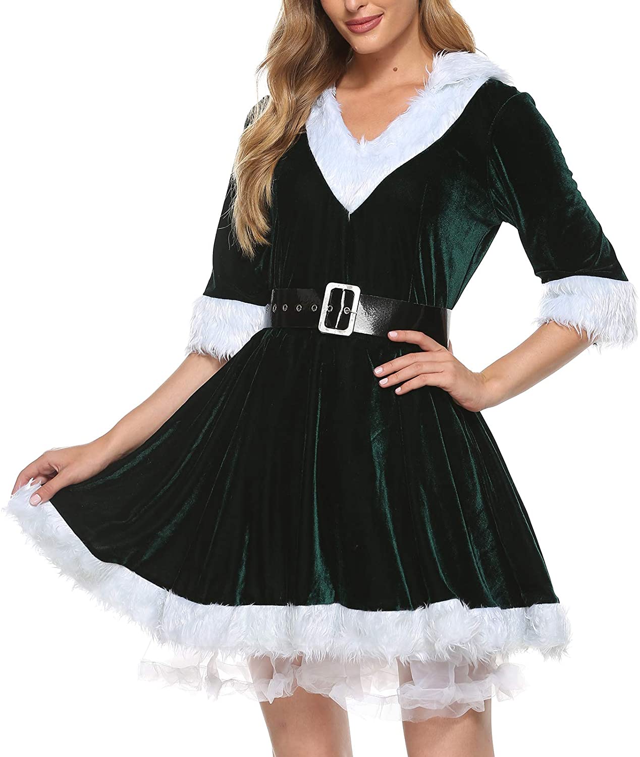 Price:$29.99 Sexy Nightwear Christmas Hooded Dress Long Sleeve V-Neck Plush Decoration Layered Mash Hem Lingerie at Amazon Women’s Clothing store