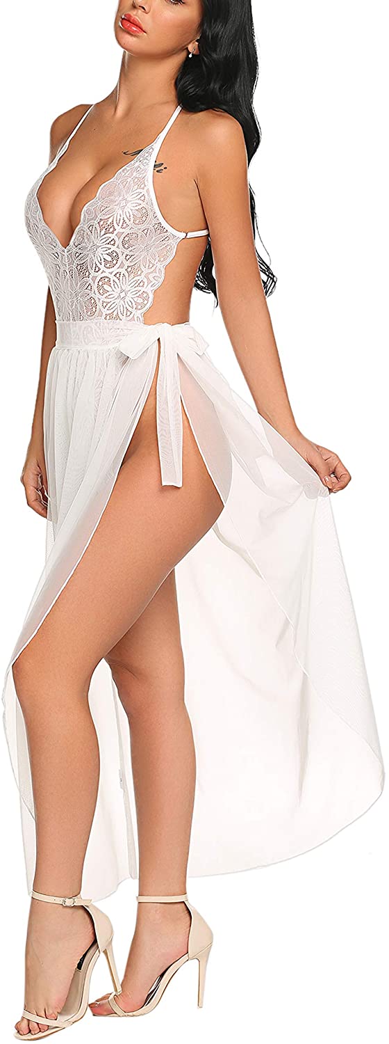 Price:$16.58 Women One Piece Lingerie Deep V Lace Bodysuit Mosaic Lace Teddy Mesh Skirt at Amazon Women’s Clothing store