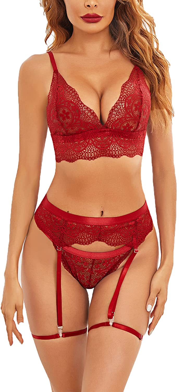 Price:$15.98 Garter Lingerie for Women Lace Bralette and Panty Sexy Strappy 5 Piece Sexy Babydoll at Amazon Women’s Clothing store