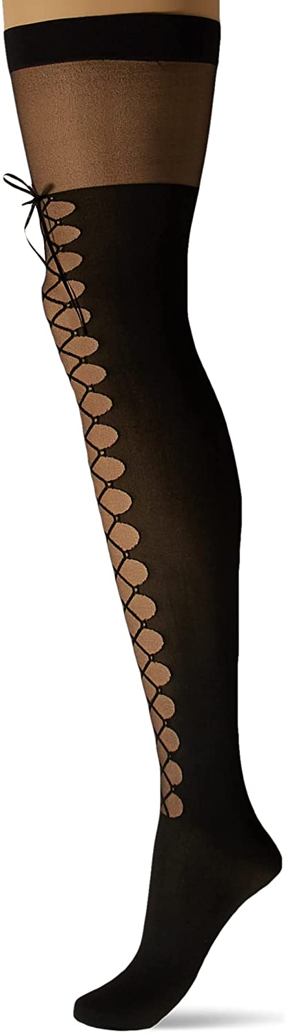 Price:$7.99 Women's Sheer Thigh-High Stockings with Lace-Up Boot Design, Black, One Size: Clothing, Shoes & Jewelry