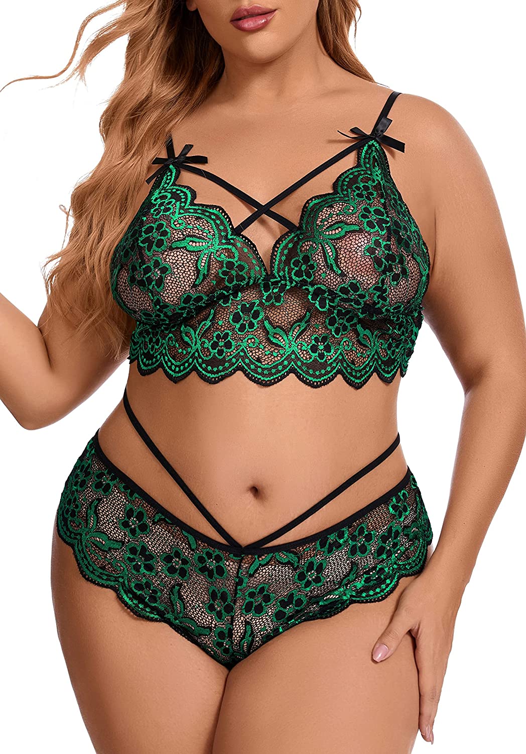 Price:$16.88 Size Lingerie for Women,Sexy V-neck Sheer Floral Lace Scallop Trim Criss Cross Strappy Bra Stretch Panty 2 Piece Set: Clothing, Shoes & Jewelry