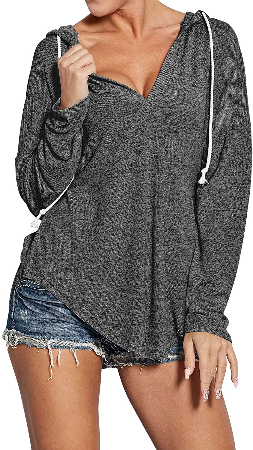 Price:$21.99 Womens Long Sleeve Deep V Neck Drawstring Sweatshirt Hoodies Tops Blouse at Amazon Women’s Clothing store