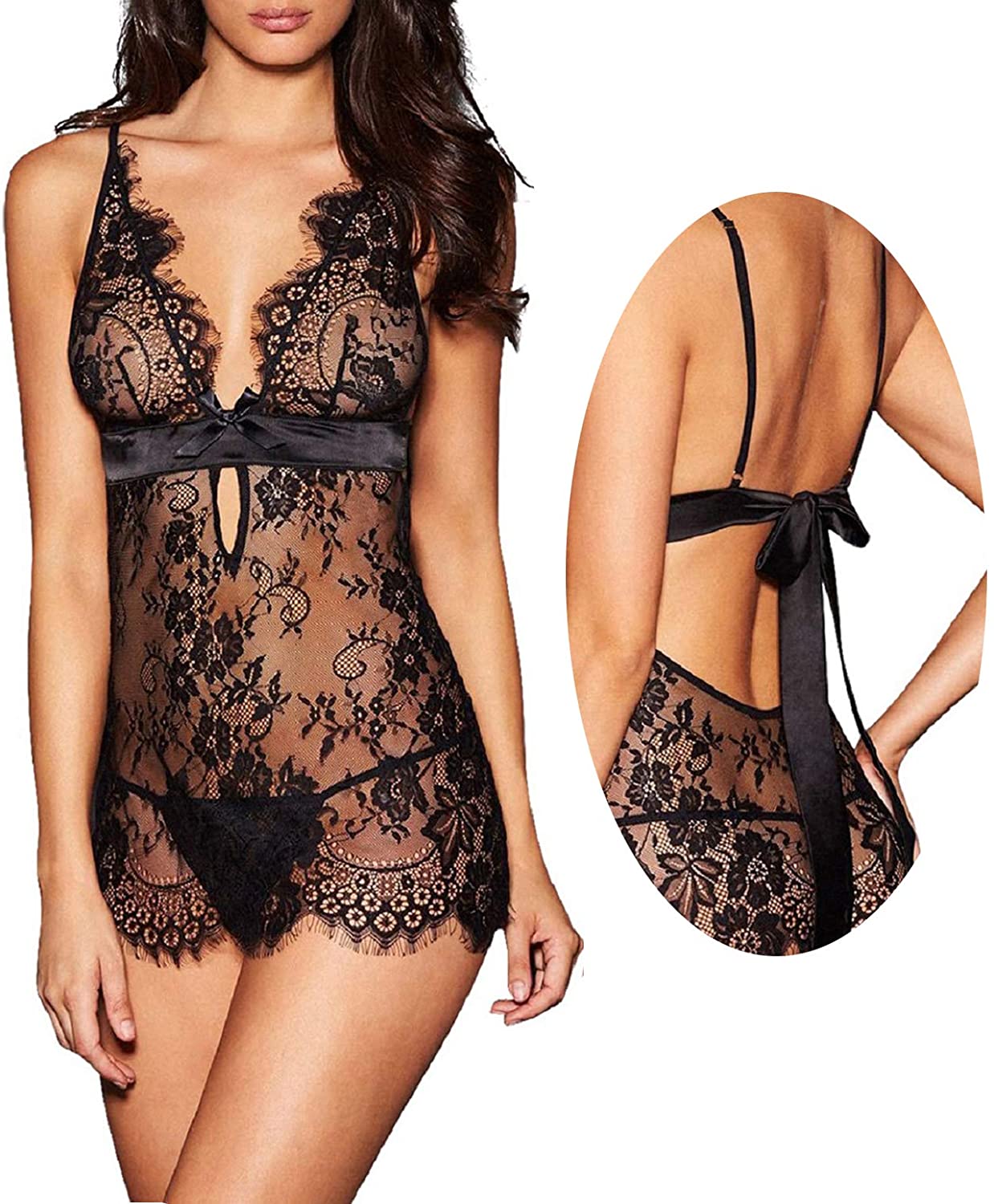 Price:$12.99 Women Sexy Lingerie Black Eyelash Lace Chemise Babydoll Nightwear : Clothing, Shoes & Jewelry
