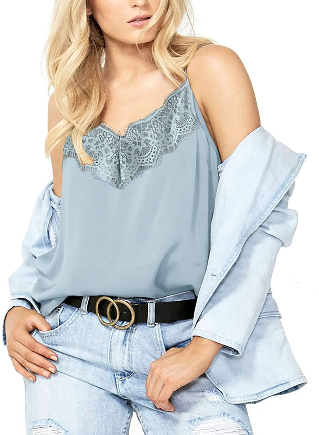 Price:$15.99 Lightweight V Neck Spaghetti Straps Cami Tank Top Lace Trim Camisole Sleeveless Tops at Amazon Women’s Clothing store