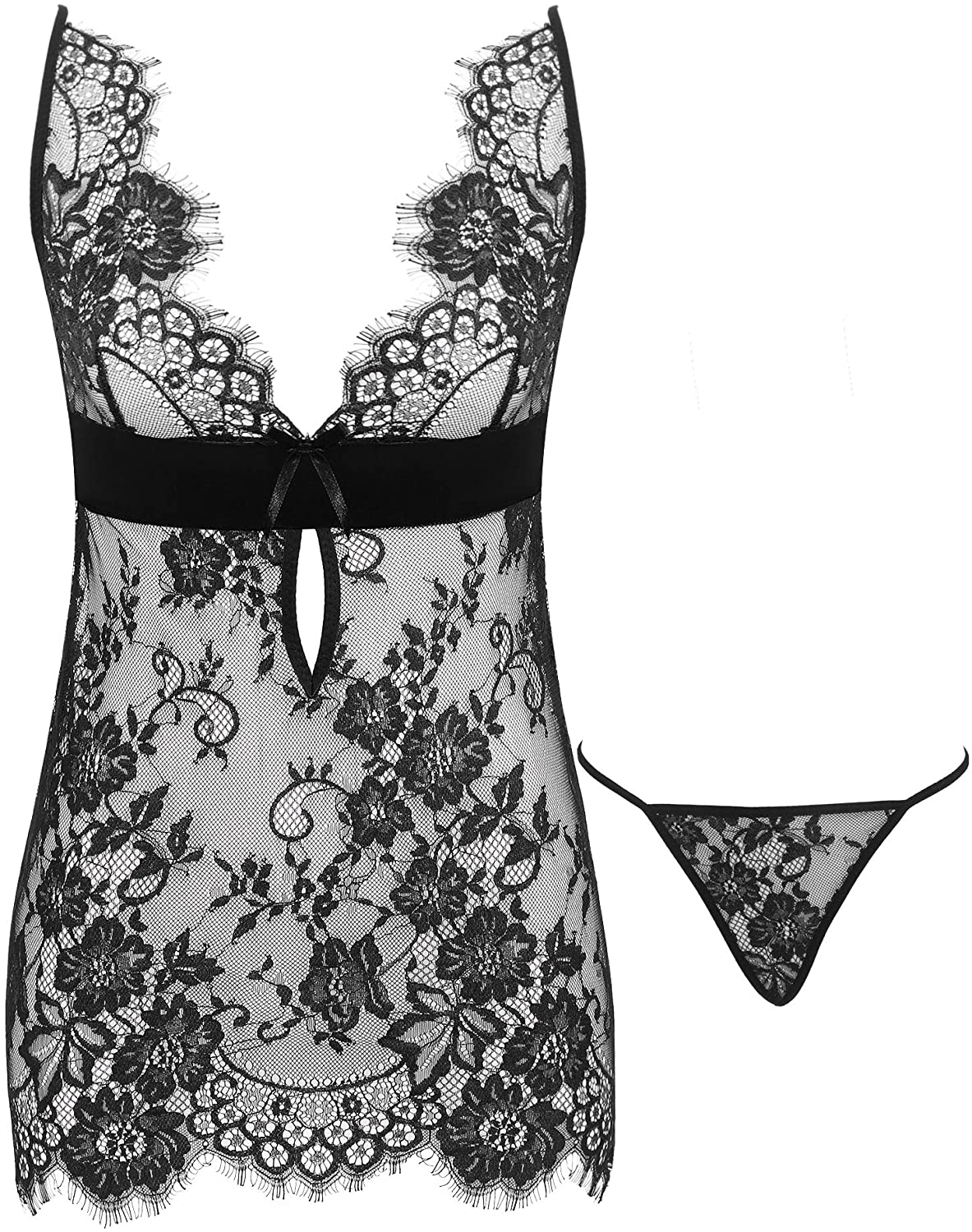 Price:$16.99 Women's Eyelash Lace Babydoll 2 Pieces Sets Deep V Plunging Lingerie at Amazon Women’s Clothing store