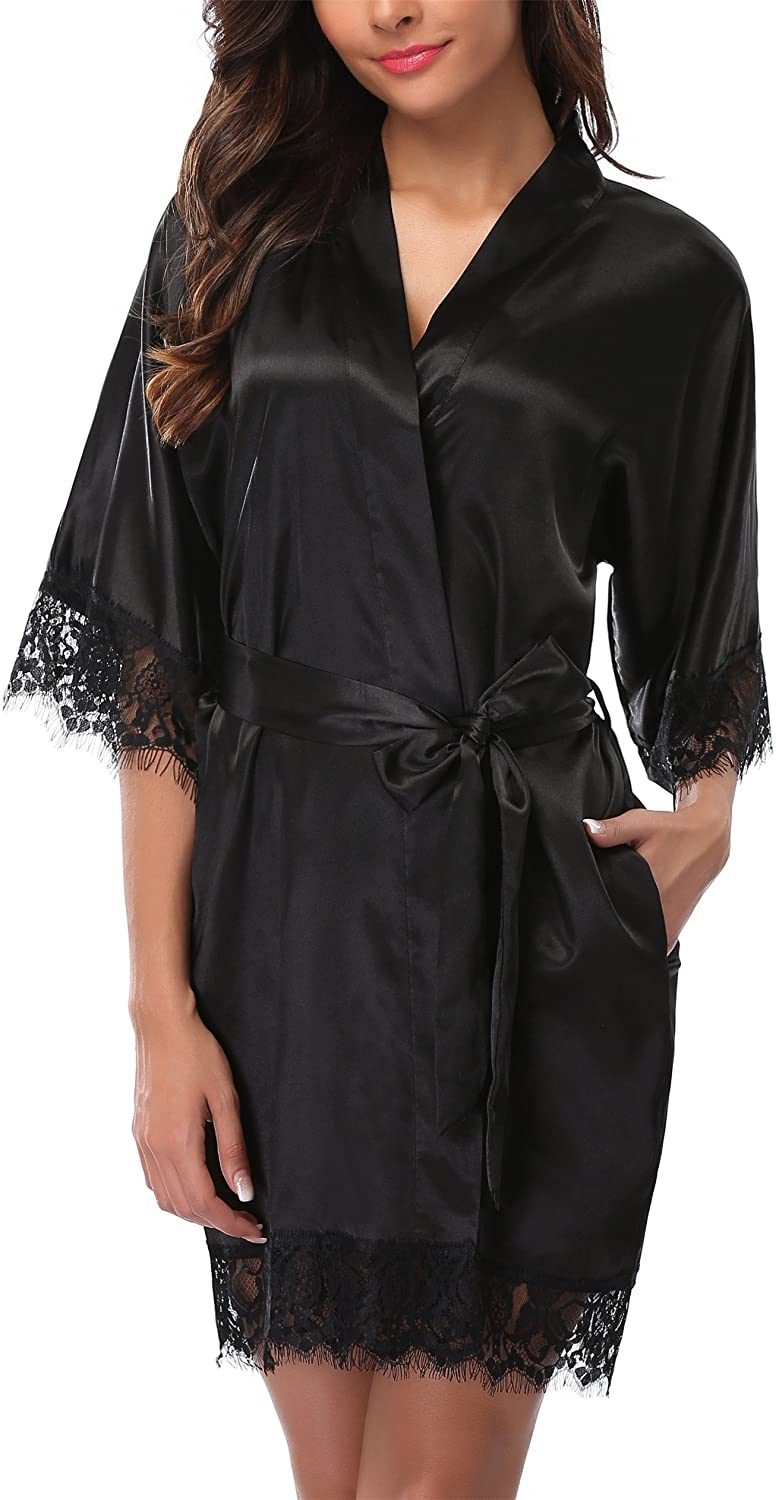 Price:$9.99 Women's Lace Trim Kimono Robe Bride Bridesmaids Wedding Shower Satin Short Robe at Amazon Women’s Clothing store