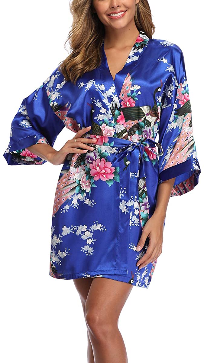 Price:$8.99 Kimono Robe Satin Printing Peacock Blossoms Short Floral Bridesmaids Robe Nightgown Sleepwear for Wedding Party Gift at Amazon Women’s Clothing store
