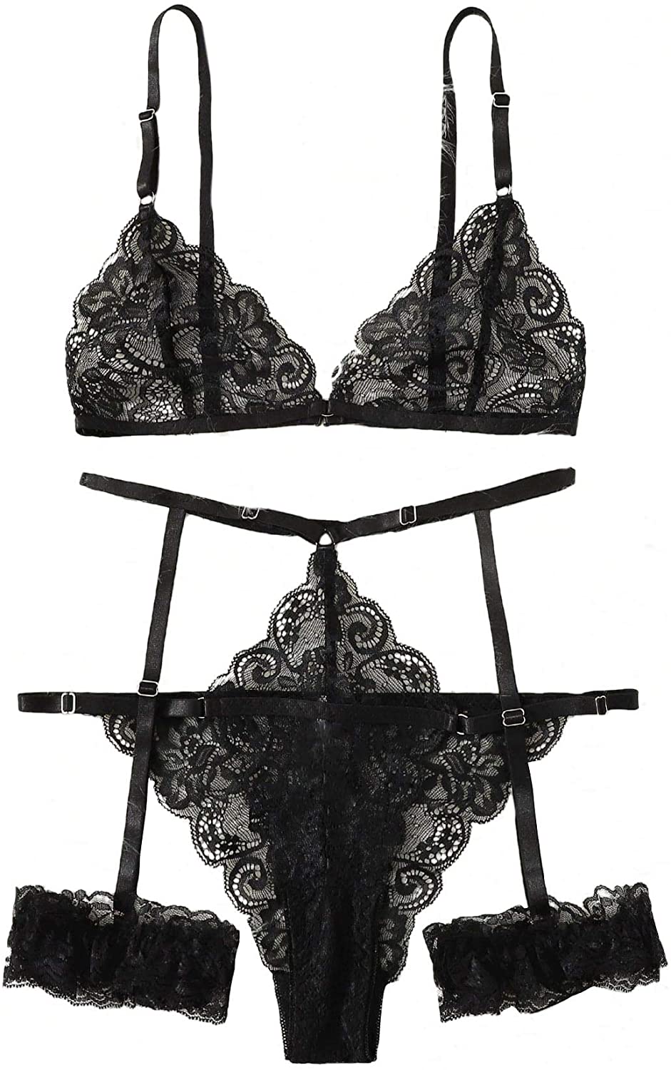 Price:$18.99 Women's 3 Pieces Mesh Floral Lace Scalloped Trim Garter Lingerie Set: Clothing, Shoes & Jewelry