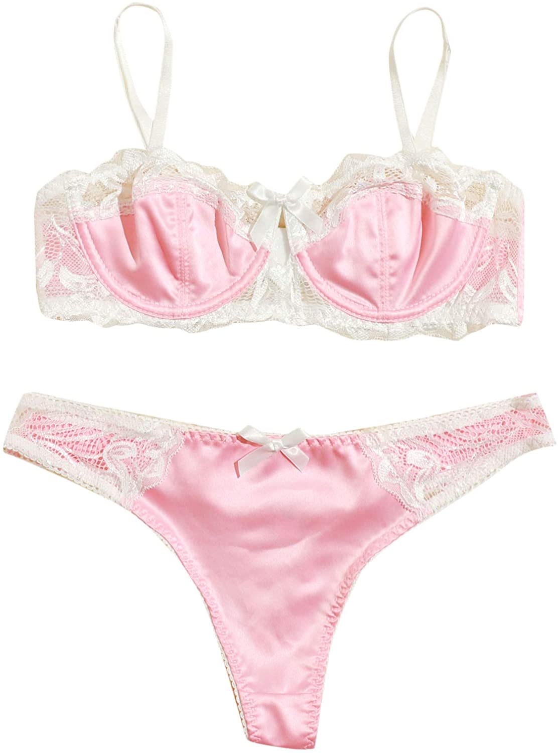 Price:$15.99 Women's Floral Lace Bow Knot Underwire Thong Satin Lingerie Set: Clothing, Shoes & Jewelry
