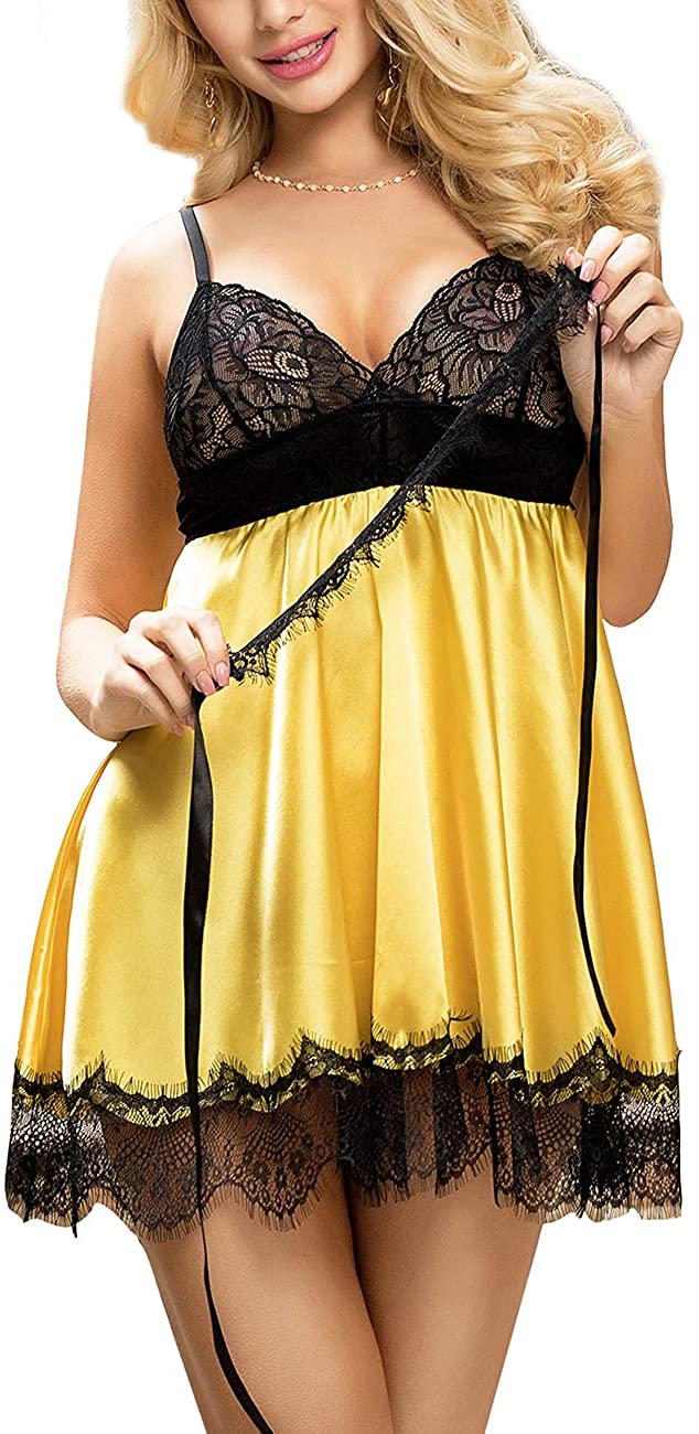Price:$9.99 Womens Satin Nightdress V Neck Lace Chemise Full Slip Dress Babydoll Lingerie with Belt : Clothing, Shoes & Jewelry