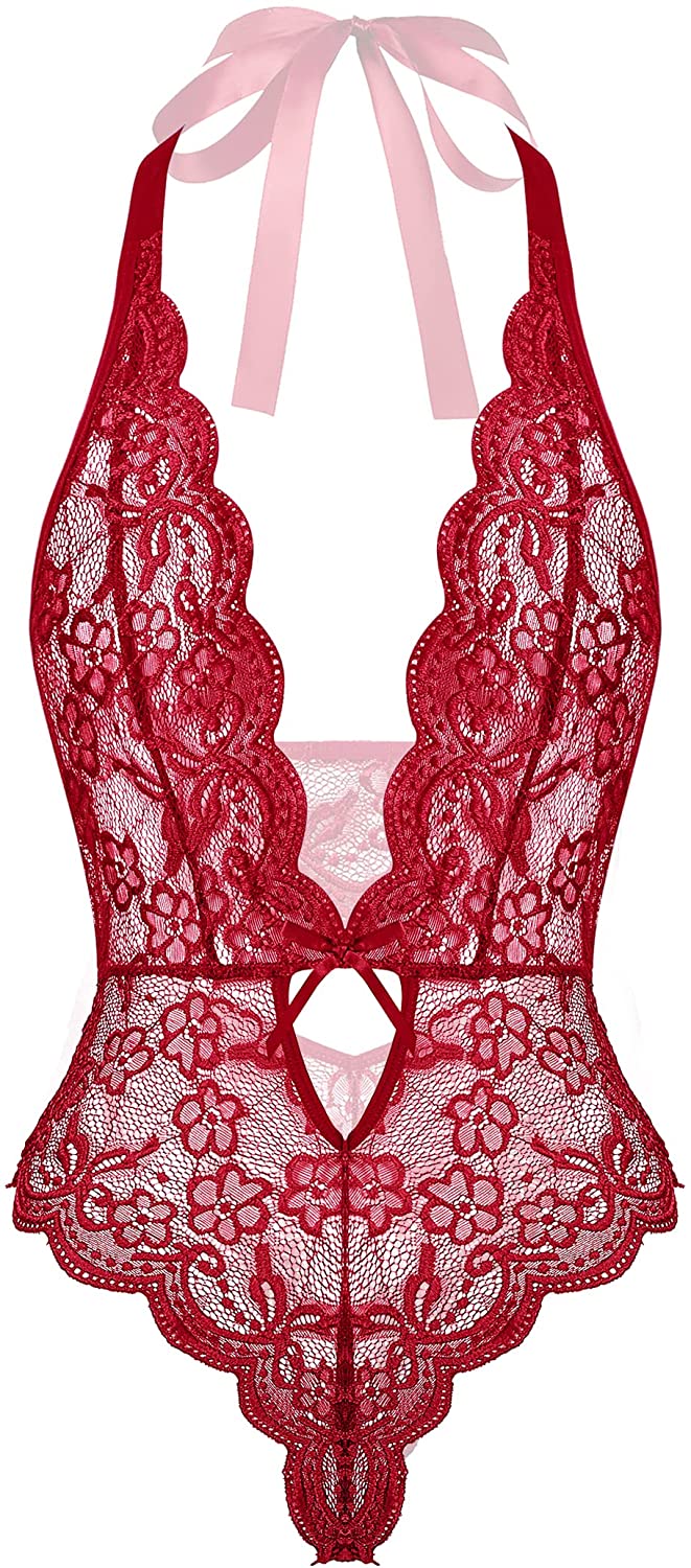 Price:$16.99 Teddy Lingerie for Women Deep V Lace Bodysuit One Piece Halter Babydoll S-XXL at Amazon Women’s Clothing store