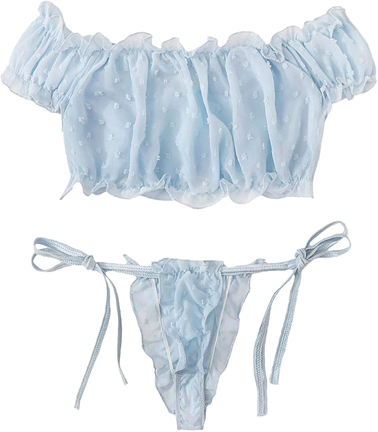 Price:$7.99 Women's Bodysuit Ruffle Trim Tie Front Lace Up Babydoll Mesh Sexy Lingerie Set at Amazon Women’s Clothing store