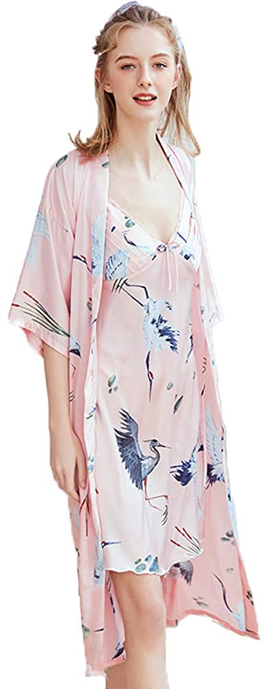 Price:$12.99 Robe Floral Sexy Silk Satin Robe Kimono Robe 2PC Set Satin Sleepwear S-XL at Amazon Women’s Clothing store