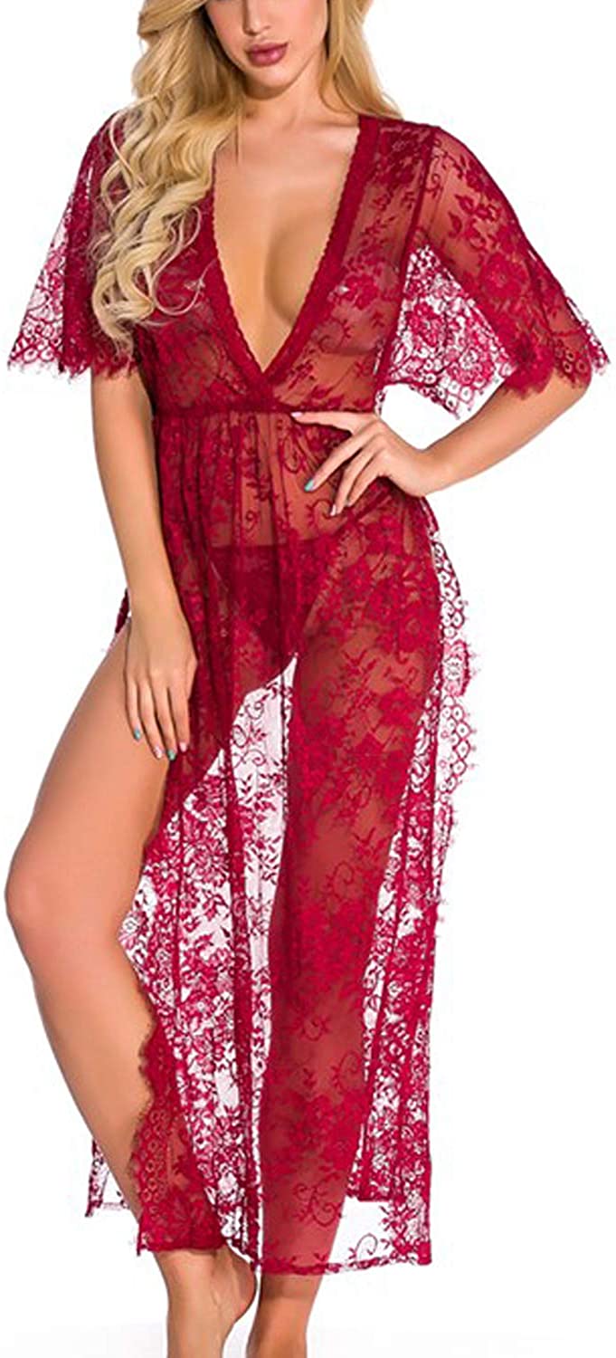 Price:$14.99 Women Lace Lingerie Kimono Robe Babydoll Chemise Teddy Nightwear Set Sexy Sheer V Neck Side Split Nightgown Dress at Amazon Women’s Clothing store