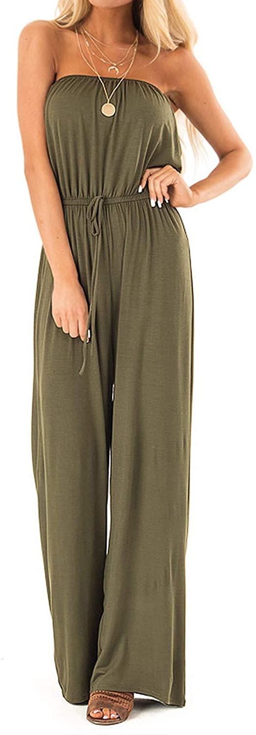Price:$25.98 Women's Off Shoulder Jumpsuits Summer Strapless Elastic Waist Wide Leg Casual Romper with Two Pockets : Clothing, Shoes & Jewelry
