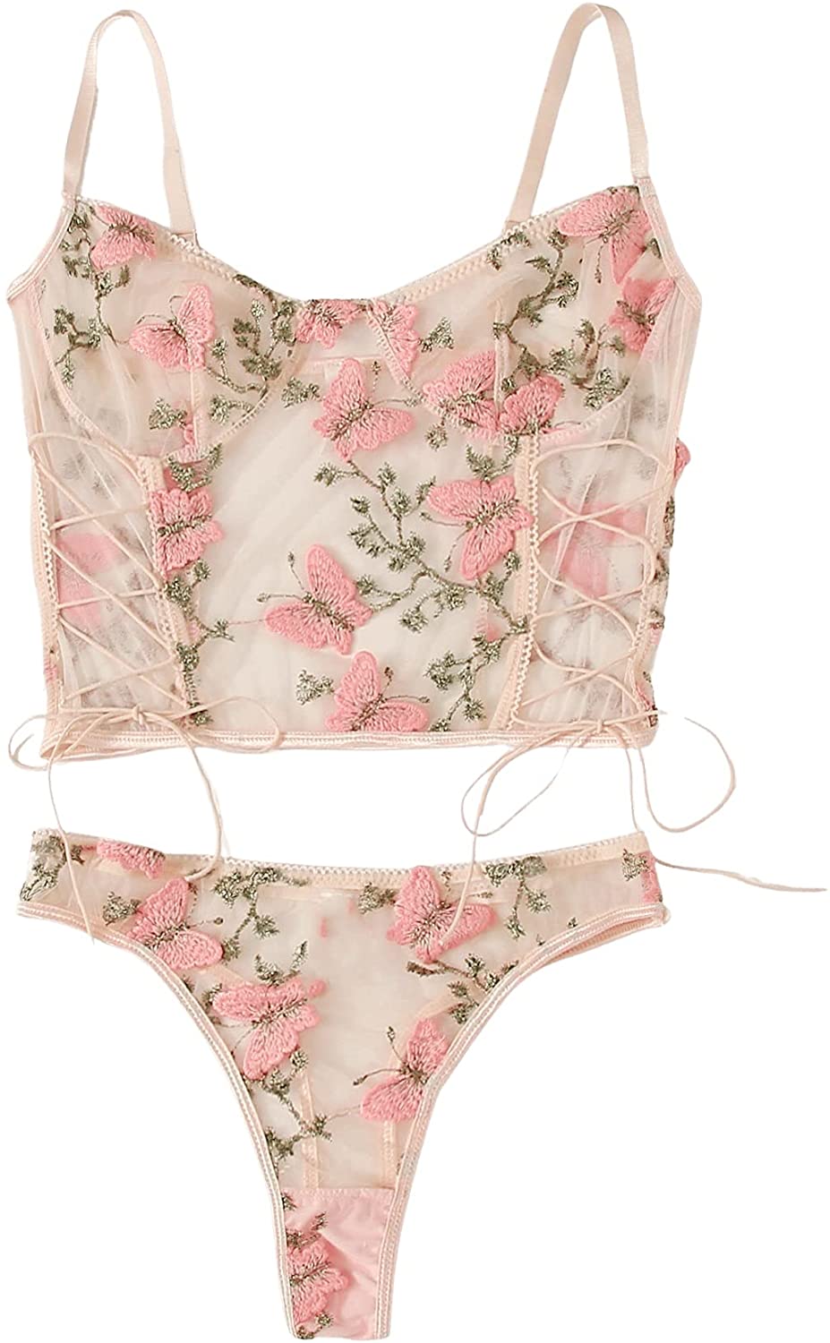 Price:$18.99 Women's Plus Embroidered Mesh Lace Up Longline Bralette Panty Lingerie Set at Amazon Women’s Clothing store