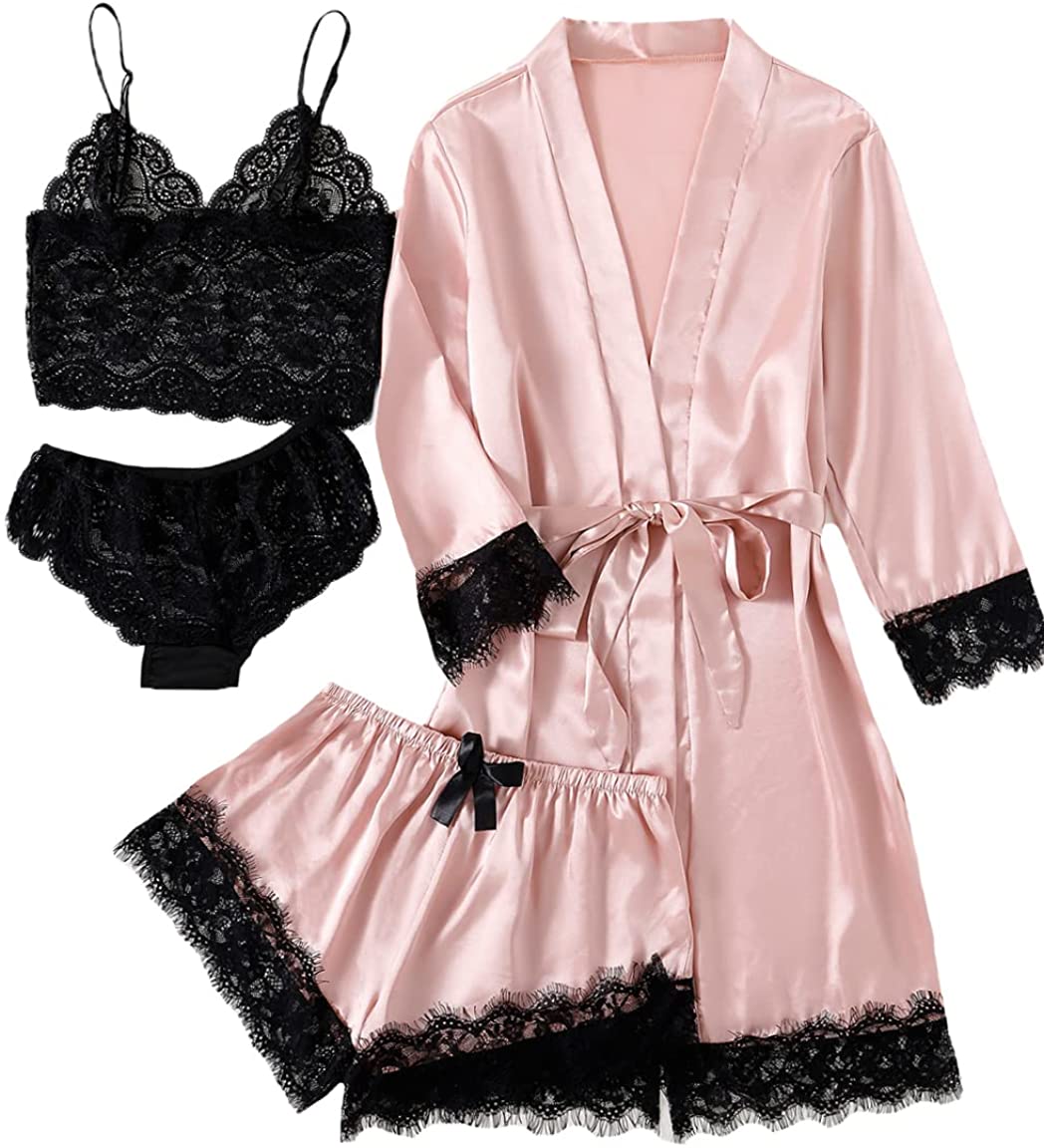 Price:$21.99 Women's 4pcs Sleepwear Satin Floral Lace Trim Cami Pajama Set with Robe at Amazon Women’s Clothing store