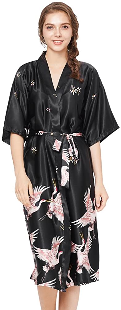 Price:$9.99 Dress Loungewear Women Kimono Robes Long Length Crane Printed Robe Black US S at Amazon Women’s Clothing store