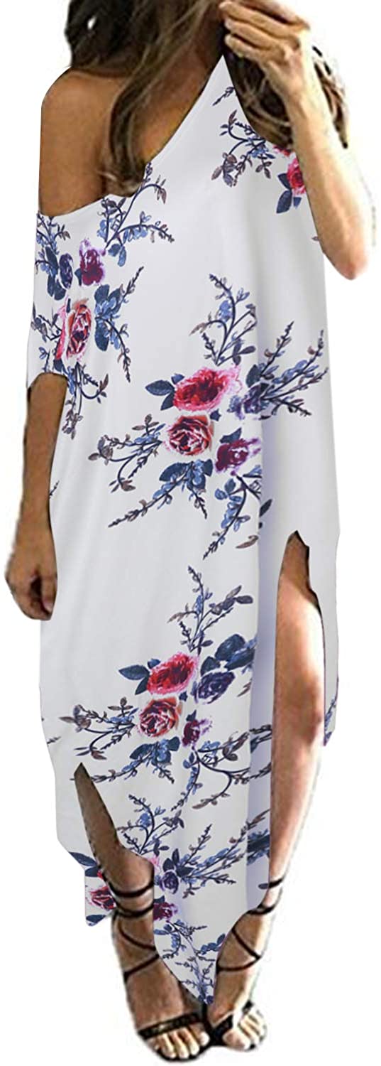 Price:$23.99 Women's Off Shoulder Maxi Dress Floral Printed Short Sleeve Casual Loose Kaftan Oversized Long Sundress Cover Up at Amazon Women’s Clothing store