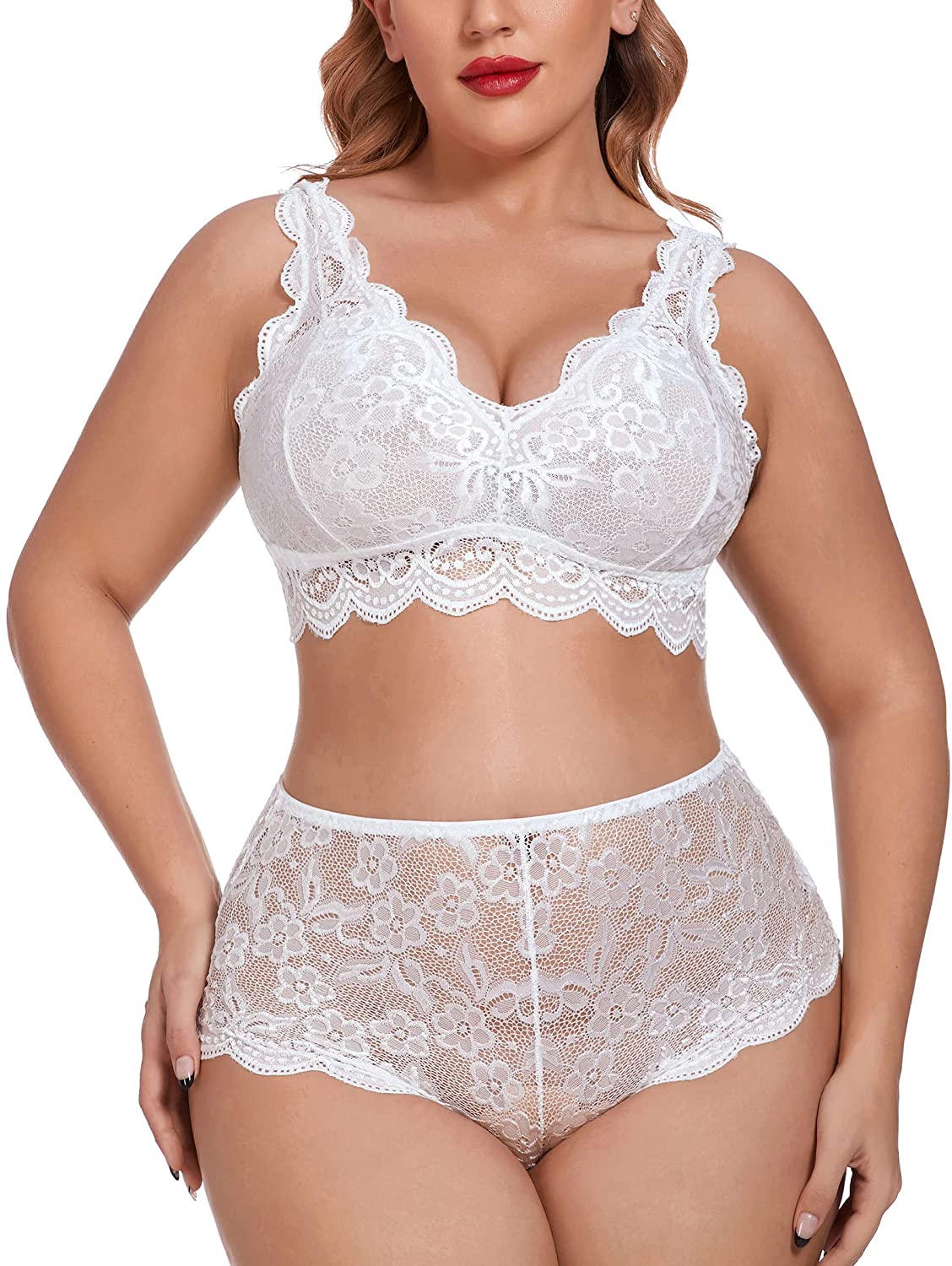 Price:$15.88 Plus Size Lingerie Set Lace Bralette High Waist Panty Set: Clothing, Shoes & Jewelry