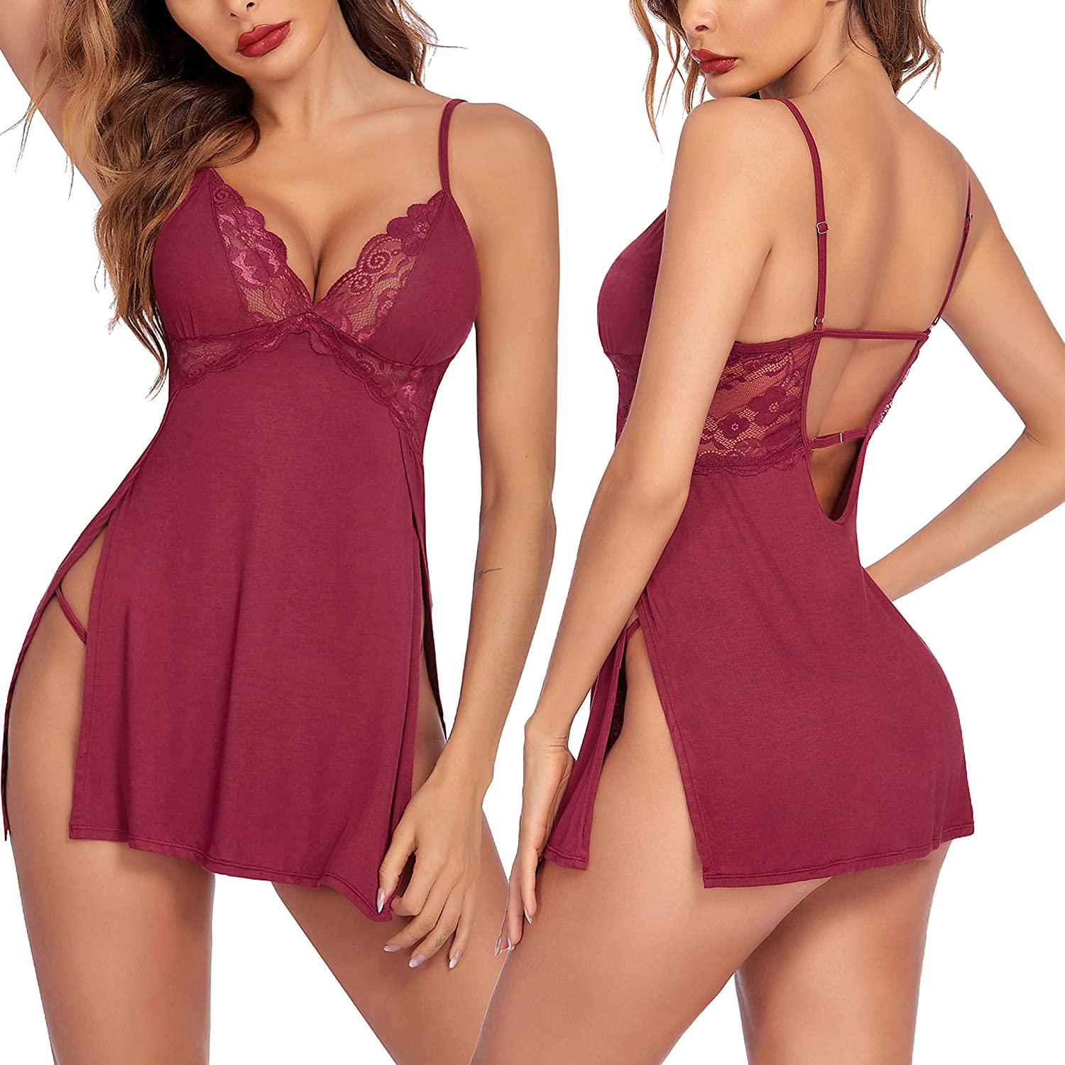 Price:$14.99 Women Lingerie Lace Chemise Sexy Nightgown Modal Babydoll Side Slit Sleepwear at Amazon Women’s Clothing store