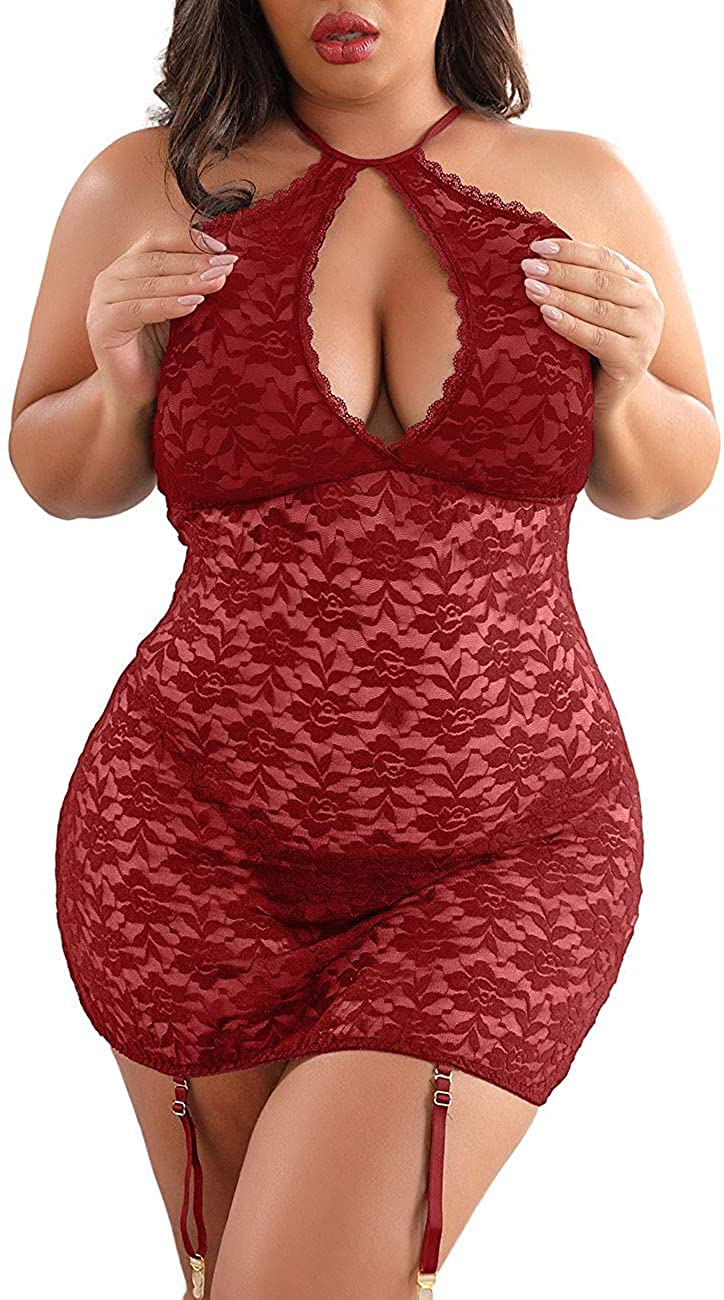 Price:$5.99 Women's Halter Plus Size Lace Lingerie Keyhole Mesh Stretch Babydoll Chemise with Garters at Amazon Women’s Clothing store