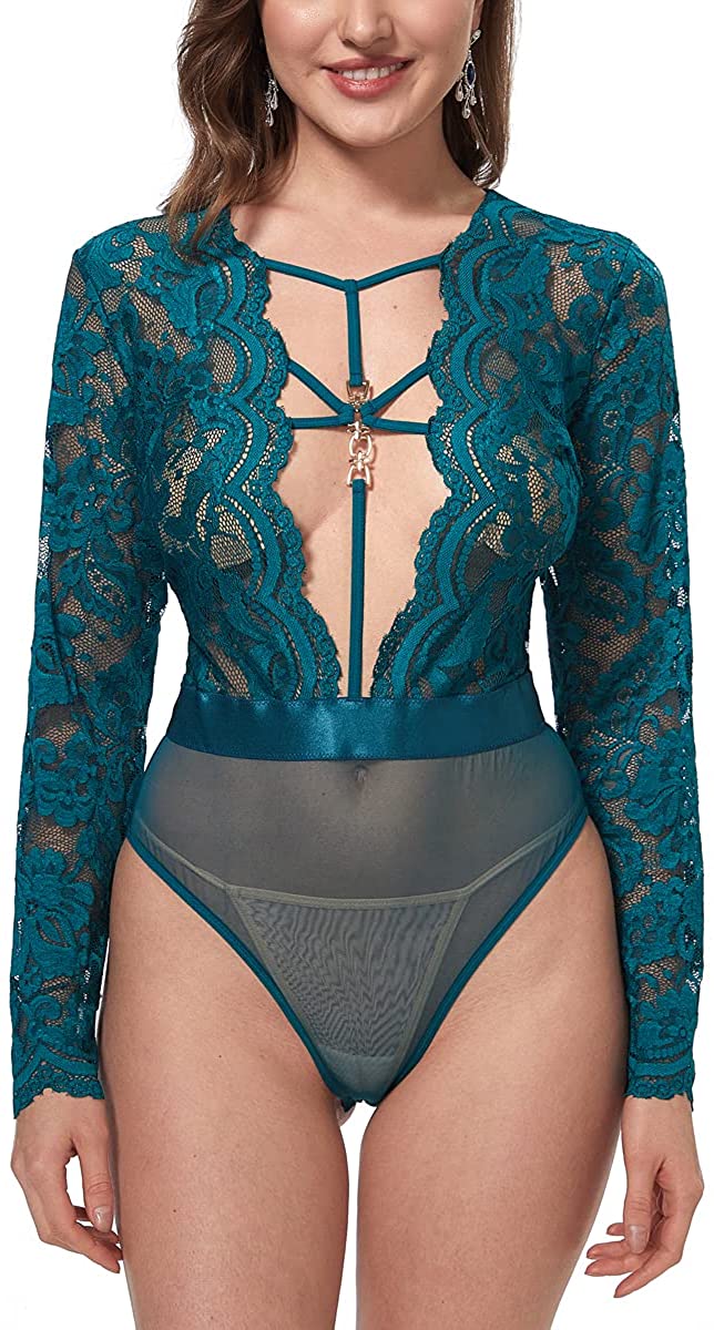 Price:$17.99 Women Sexy Lingerie Long Sleeve Lace Bodysuit One Piece Teddy Deep V Neck Top S-4XL Plus Size at Amazon Women’s Clothing store