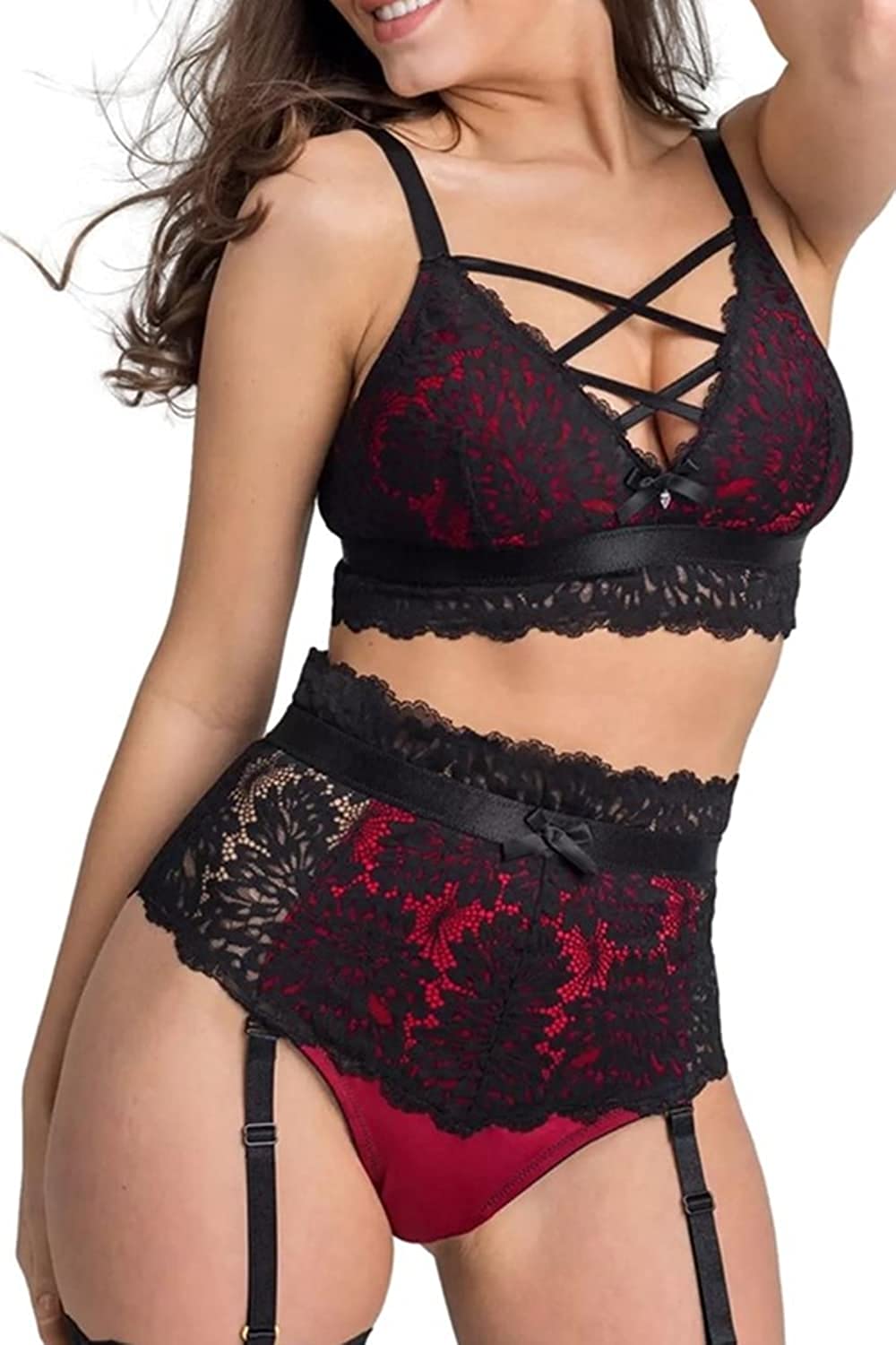Price:$14.88 Luxe Lingerie Set for Women, Criss Cross Contrast Floral Lace Bra High Waisted Thong with Garter Belt Outfits: Clothing, Shoes & Jewelry