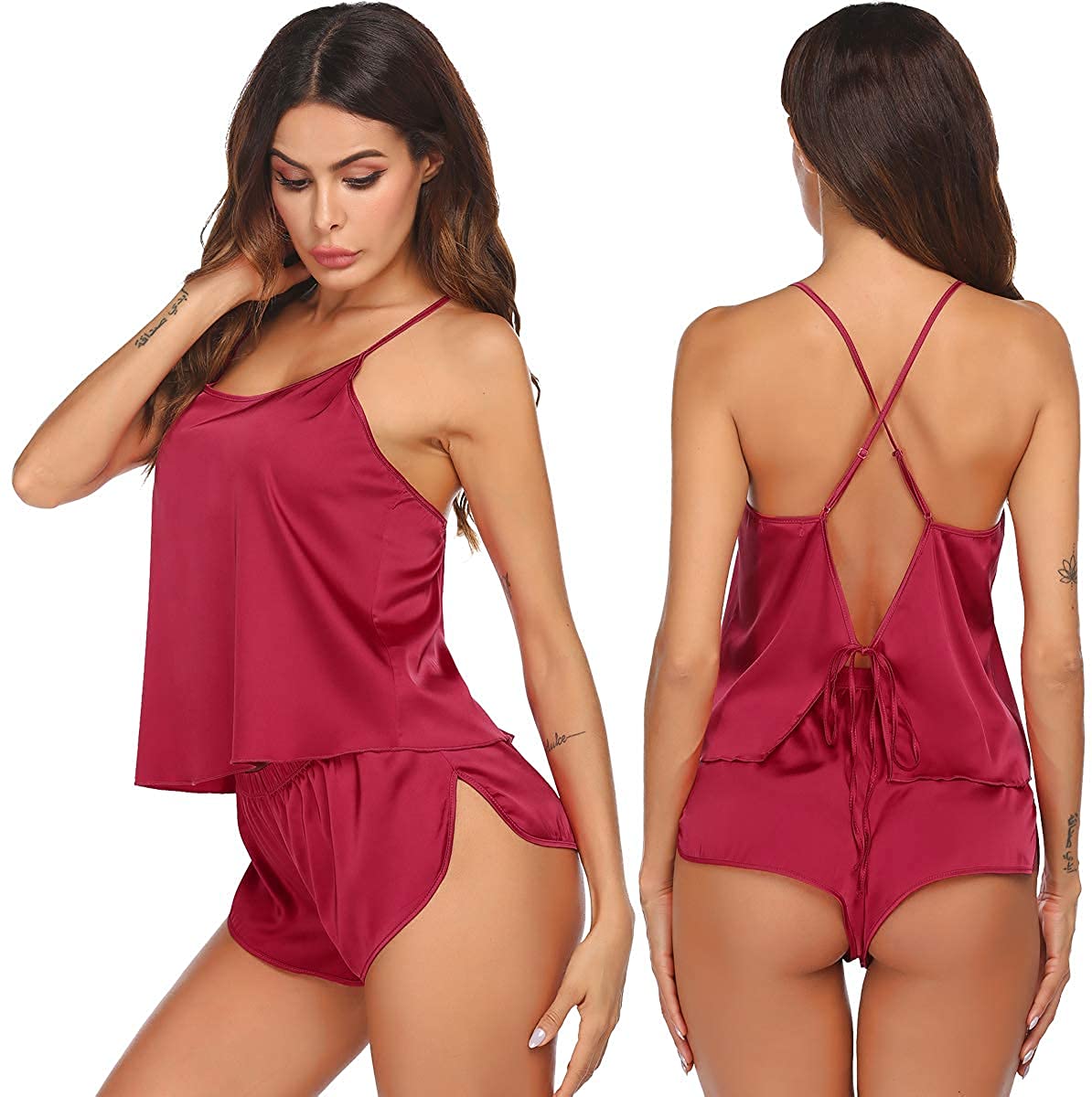 Price:$6.99 Pajamas Sexy Women Satin Sleepwear Lingerie 2 Piece Silk Pjs Cami top and Shorts Sleep Camisole Nightwear Gift at Amazon Women’s Clothing store