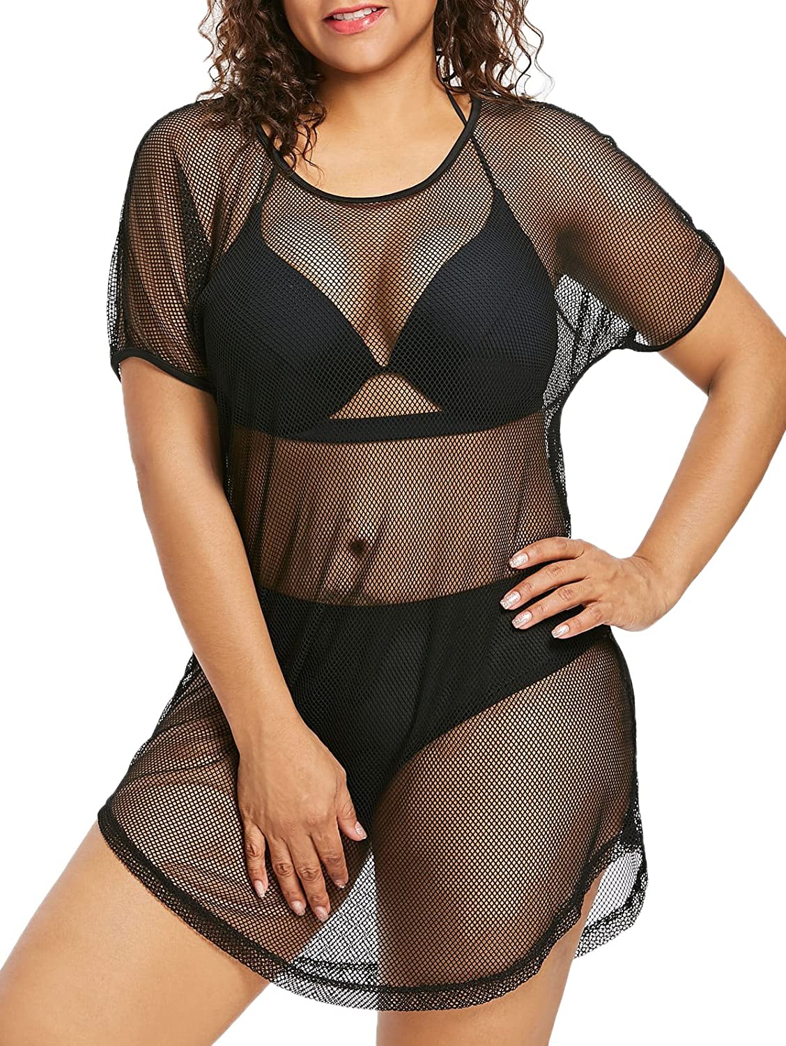 Price:$18.80 Women's Beach Cover Ups Short Sleeve See Through Sheer Mesh T Shirt Dress at Amazon Women’s Clothing store