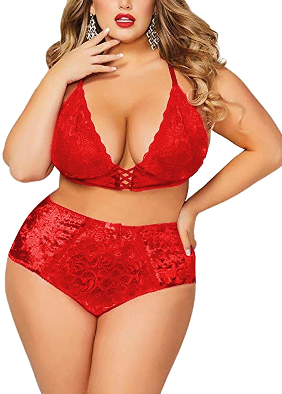 Price:$15.99 Size Sexy Crushed Velvet Lace Mesh Criss Cross Bra & High Waisted Panty Underwear 2 Piece Lingerie Set for Women: Clothing, Shoes & Jewelry