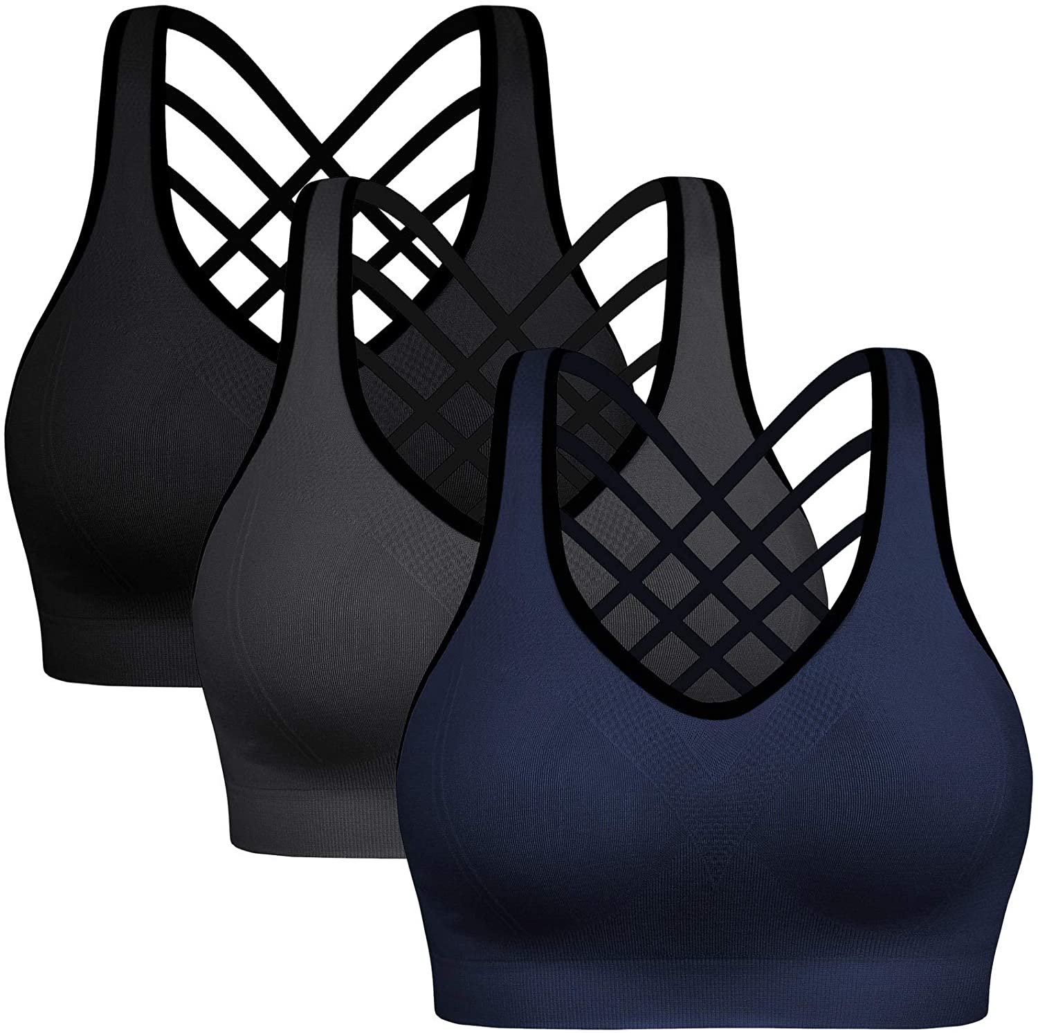 Price:$23.99 Strappy Sports Bras for Women - Activewear Tops for Yoga Running Fitness Pack of 3 at Amazon Women’s Clothing store