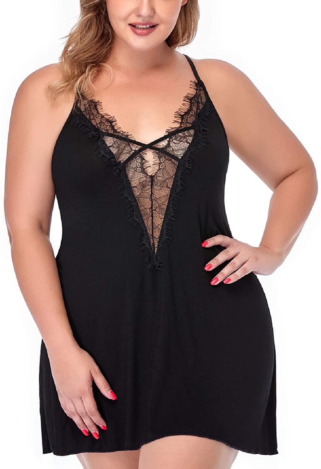 Price:$14.99 Sexy Deep V Sleepwear Sexy Chemise Lace Trim Nightgown V-Neck Babydoll Plus Size Lingerie at Amazon Women’s Clothing store